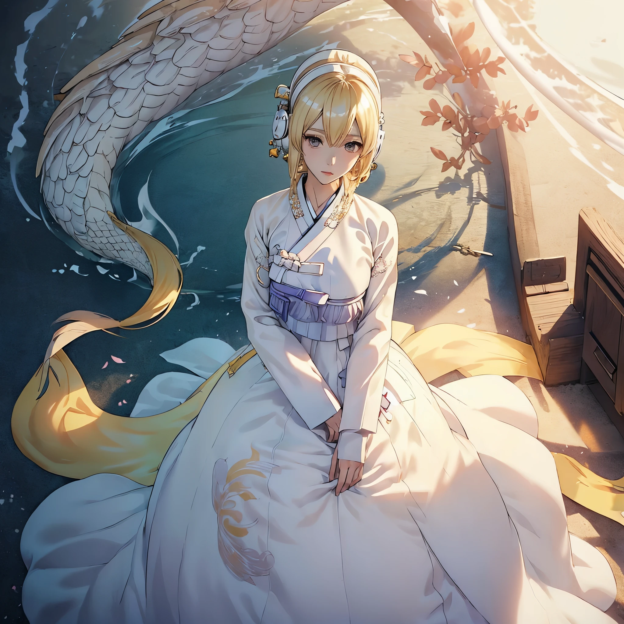 (((White Headphone))), (((Blonde))), (((Tall))), (((Slender))), (((Hanbok))), cleavage, (((Beautiful face))), Dragon Pattern, (((anime))), (((pastel)))