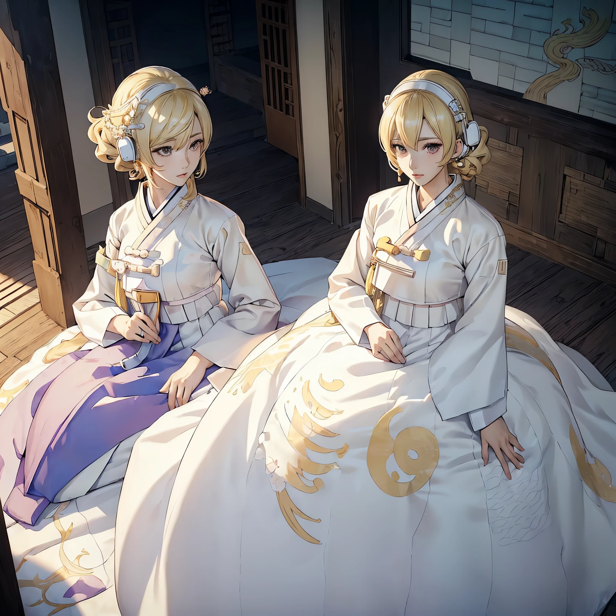 (((White Headphone))), (((Blonde))), (((Tall))), (((Slender))), (((Hanbok))), cleavage, (((Beautiful face))), Dragon Pattern, (((anime))), (((pastel)))