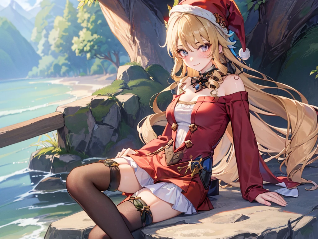 ((masutepiece, Best Quality, hight resolution, Perfect Pixel, 4K)), multiple girls, 2girls, full body seen, ((Beautiful eyelashes, Realistic eyes)), ((Detailed face, Blushing:1.2)), ((Smooth texture:0.75, Realistic texture:0.65, Photorealistic:1.1, Anime CG style)), Dynamic Angle, Perfect body, ((Santa Claus Costume, Red knitted hat, red and white off shoulder sweater, red and white flared skirt, Black garter stockings, Shy smile)) BREAK navia (genshin impact), BREAK clorinde (genshin impact)