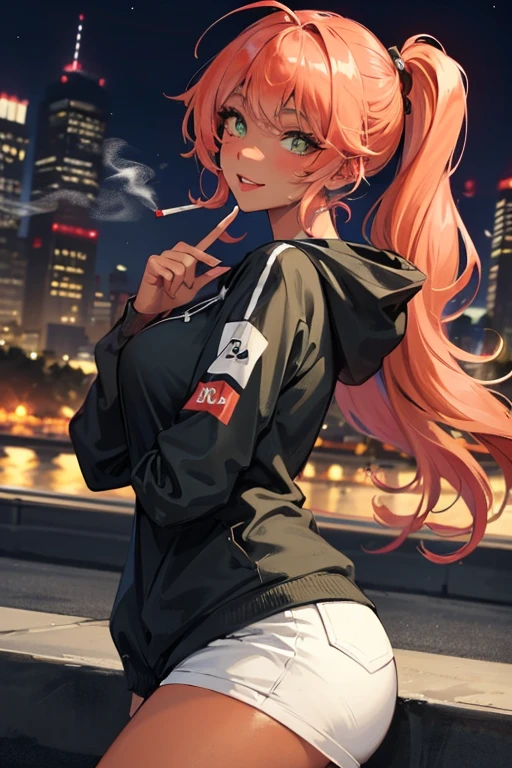 Girl, smoking, loose streetwear, hoodie, long hair, wavy hair, coral coloured hair, dark tan skin, sultry face, night time, light green eyes, smiling, flirty, adult, casual, tall, sexy, half-lidded eyes, leaning back, curvy