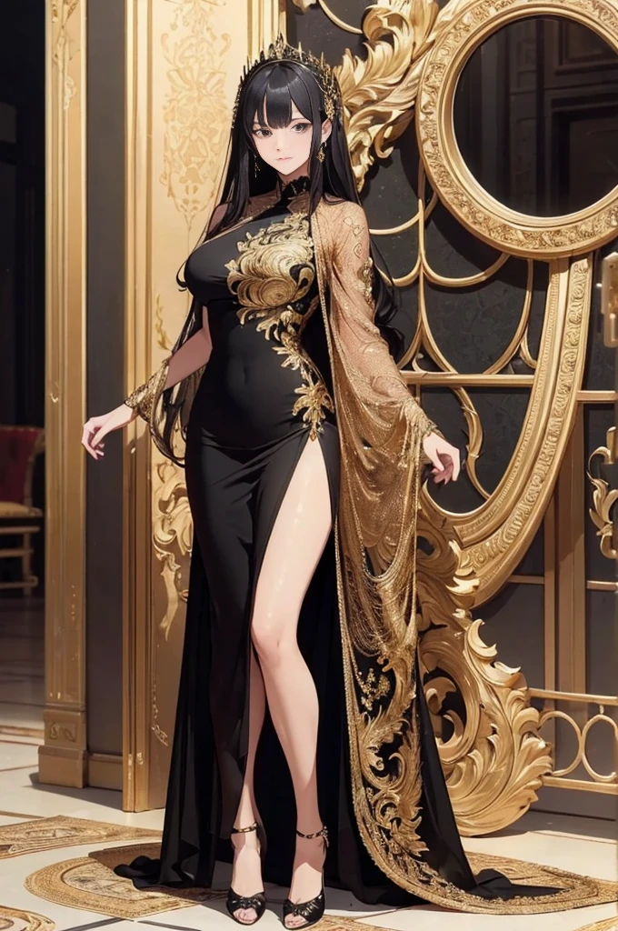 ((masterpiece)),(top quality),(best quality),(((ultra-detailed , 8k quality))), (large masterpiece digital art), (detailed manga ilustration) ,(detailed line art) ,((perfect anatomy)), extremely detailed body, extremely detailed legs, perfect legs,
BREAK,
Lady wearing a ((long elegant black dress)) with extreme golden details that reveal one leg.