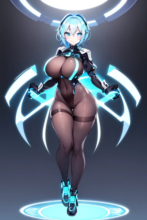 1girl, white skin, light skin, smile, light smile, blue hair, short hair, blue eyes, large breasts, breasts, wide hips, black bodysuit, black clothes, black pantyhose, bodysuit, sleeves, short sleeves, pantyhose, futuristic, science-fiction, neon trim, neon, full_body, ((full body)), standing,
