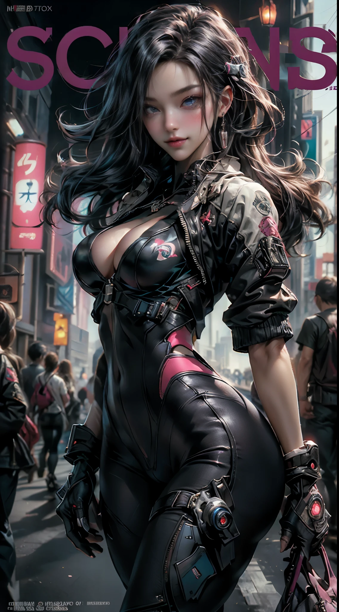 8K, Best quality, masterpiece, ultra high resolution, Cyberpunk magazine cover:1.4, 1. Cyberpunk girl wearing Harajuku technical jacket with corporate logos, sexy bodysuit, crazy details, full body shot, Beautiful eyes and facial details, masterpiece magazine cover, Best Quality Cyberpunk Magazine Cover, masterpiece, great details, High-quality painting of parts, Breath-breath, Absolute beauty, thin neck, long eyelashes, Sweet eyes, Dynamic angle problem, Highest image quality, shiny lips, Elastic, light and translucent skin, Rich Details, bright colors, strong contrast, Soft lighting effects, sharp outline, Optimized, Charming smile, Sparkling eyes, ideal body proportions, thin waist, big breasts, split.