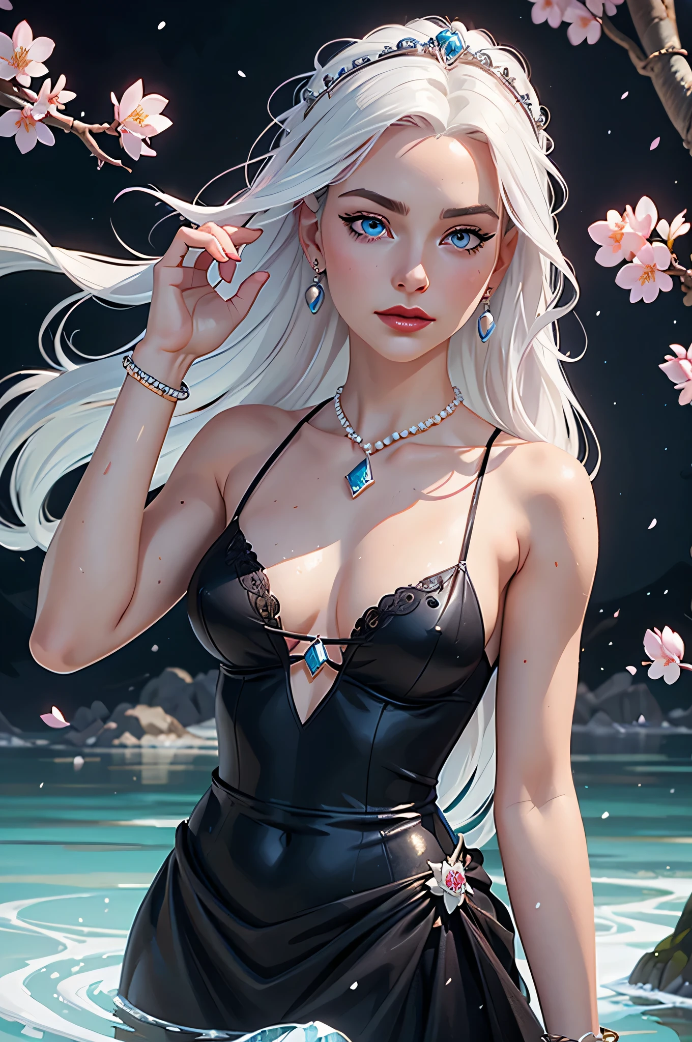 oil painting and cg rendering portrait of fairy, black theme, a nsfw woman with long white hair wearing sleeveless shirt with a crown in falling rose petals, jewelry, pearl_(gemstone), earrings, bracelet, blue eyes, eyelashes, cherry blossoms, white hair, red lips, closed mouth, parted lips, detailed anime soft face, pale snow white skin, beads of water, exposed shoulders, upper body, water, chain, nature, hand up, wind, grand background.a detailed painting, by mi qi, pixiv, super high detail picture, icy, young goddess, detailed face
