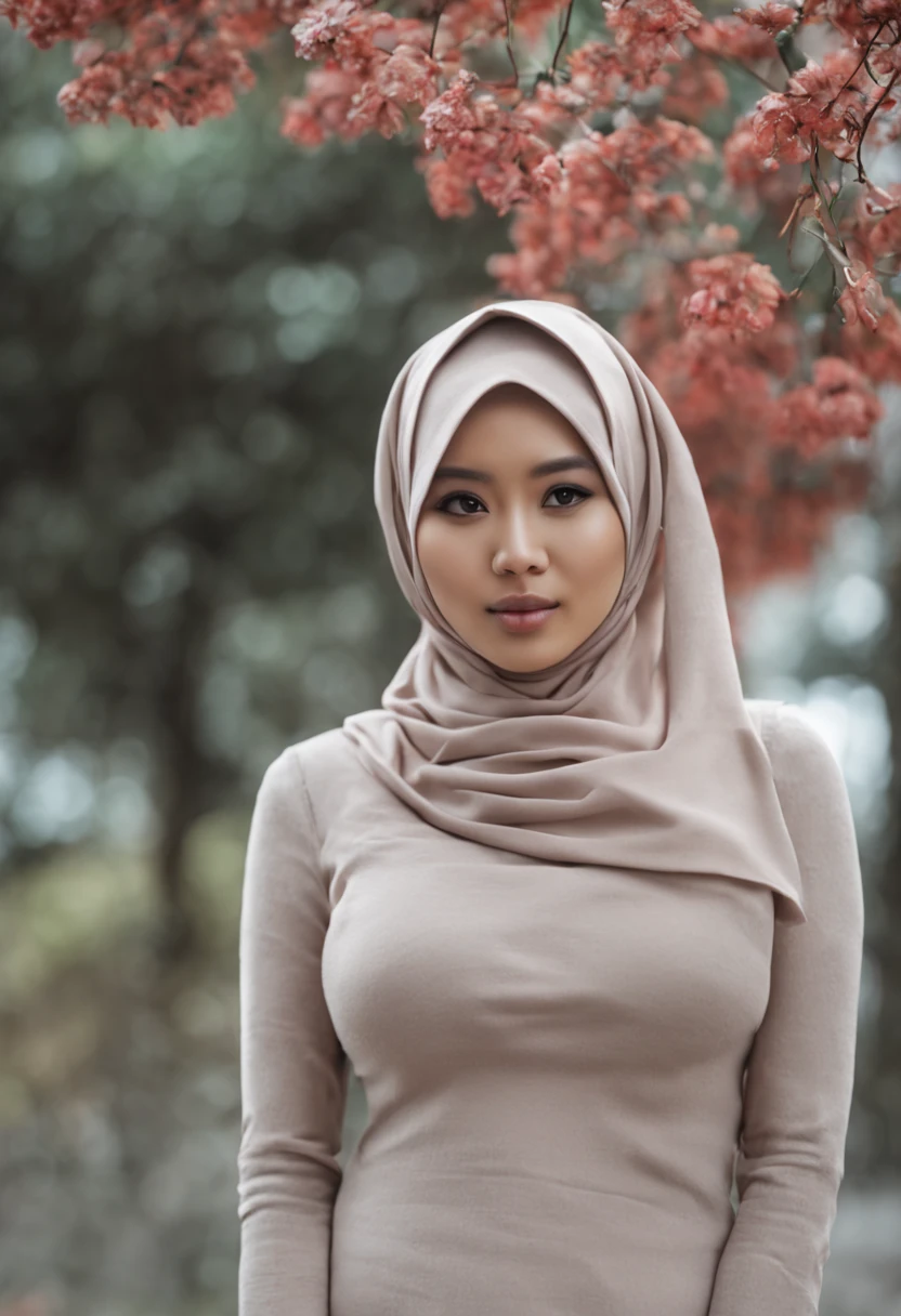 Full-body portrait professional photo of a indonesian ((nude)) hijab girl ((showing nude big tits)) outside during winter, (hijab), 21 yo, ((clearly detailed face and eyes))big tits(hard nipple piercing)