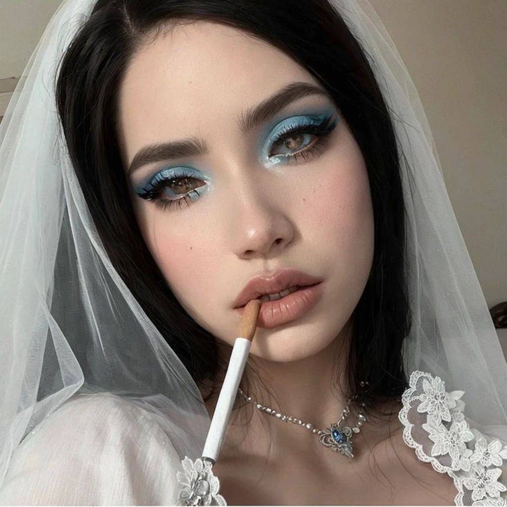 Mujer arafed con un cigarrillo en la boca y un velo., Corpse Bride Style, inspirado por Louis Le Nain, maquillaje pesado, inspirado en Carl Walter Liner, inspirado por Elsa Bleda, Parece una mezcla de mugres, maquillaje grueso y elegante, inspirado por Winona Nelson, Parece una mezcla de grimes, Estilo de maquillaje pop, con maquillaje profesional