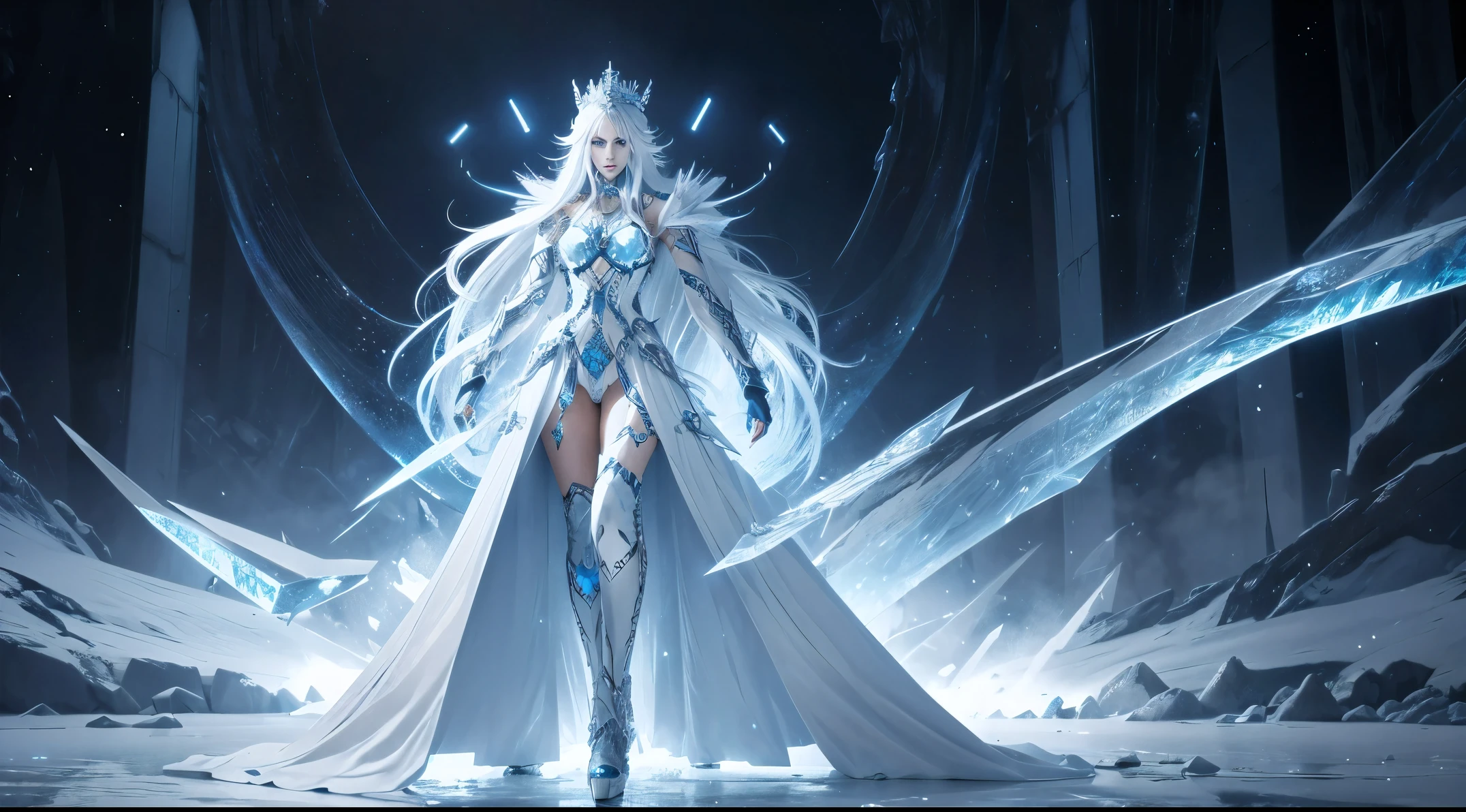 rainha do gelo, ice metal hybrid, olhos azuis, piercing stare, alto, esguio, longos cabelos brancos, machine, Beautiful, corpo inteiro, full view, extremamente detalhado, alta qualidade, 4k, 8k, HDR