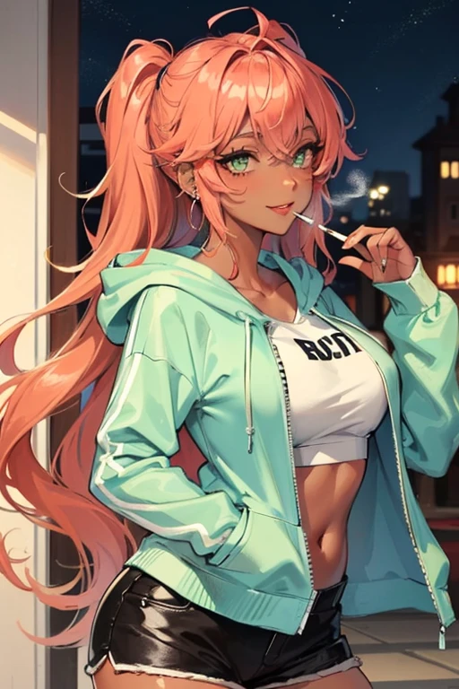 Girl, smoking, loose streetwear, hoodie, long hair, wavy hair, coral coloured hair, dark tan skin, sultry face, night time, light green eyes, smiling, flirty, adult, casual, tall, sexy, half-lidded eyes, leaning back, curvy, piercings
