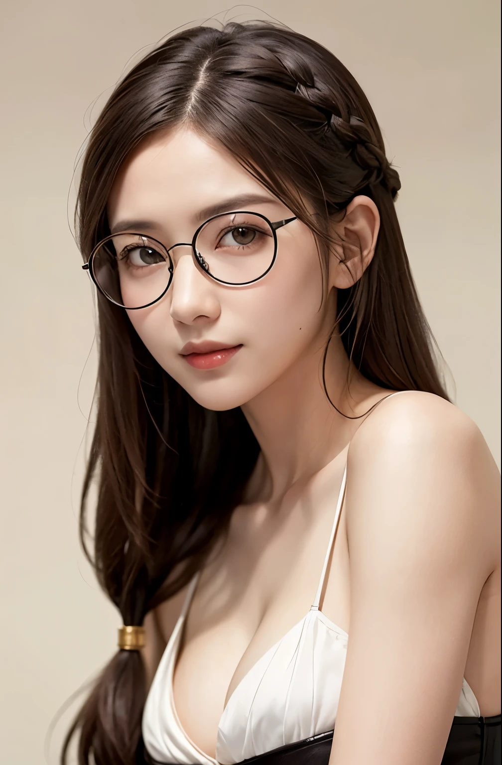 (8K、Raw photography、top-quality、tmasterpiece:1.2)、(hentail realism、Round glasses、Metal frame Grasaig chest、Photorealsitic:1.37)、ultra - detailed、超A high resolution、1 rapariga、Braids、see the beholder、beautifull detailed face、A smile、zoomed out、(Slim waist) :1.3)、beautiful in white summer clothes, 、Skin Texture、Floating hair、Braided hair、Professional Lighting、In the classroom、((black square glacier body zbian、Brown hair
