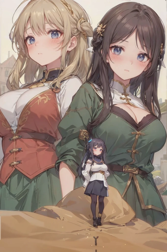 (tiny villages from sky view:1.5), (hills:1.3), cliffs, (from sky view: 1.3), mountains, simple background, (3girls:1.8), (height_difference:1.8), (size_difference:1.5), (a giantess girl walking together: 1.2), (giantess:1.5), (foreshortening: 1.1), (adult woman: 1.4), (commoner clothes), , (girl on a cliff rear view: 1.3), (rear view: 1.3), professionally drawn, (huge breasts), (cleavage sweat), (anime drawing:1.1), (simple bold lines: 1.1), (anime:1.1), (very cute anime girl), (bright), (low contrast), (prettiest age girl), (mature face: 1.4), (tall girl with big breasts: 1.2),