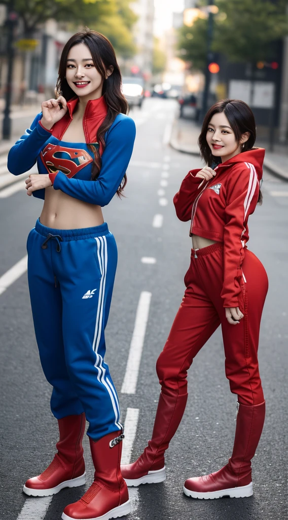 1 female,独奏、Women around 39 years old、tracksuit with chuck collar and tracksuit long pants、a picture、逼真、top-quality、A detailed face、Hires,diffuse sunlight、depth of fields、Full-body angle of view、absurderes、a smile, a pictureを撮る姿勢,Incomplete transformation、Transform only the lower body、Chimera、The lower body of a Japanese woman wearing a tracksuit transforms into Supergirl、(Athletic shoes smoothly transform into red long boots:1.4)、