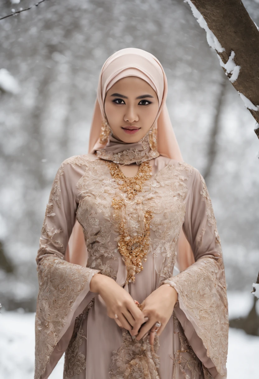 Full-body portrait professional photo of a indonesian ((nude)), traditional dress(kebaya),((showing nude big tits)) outside during winter, (hijab), 21 yo, ((clearly detailed face and eyes))big tits(hard nipple piercing)