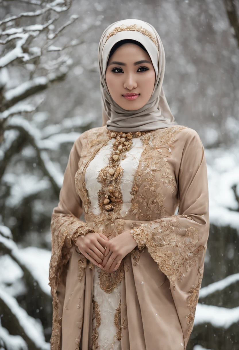 Full-body portrait professional photo of a indonesian ((nude)), traditional dress(kebaya),((showing nude big tits)) outside during winter, (hijab), 21 yo, ((clearly detailed face and eyes))big tits(hard nipple piercing)