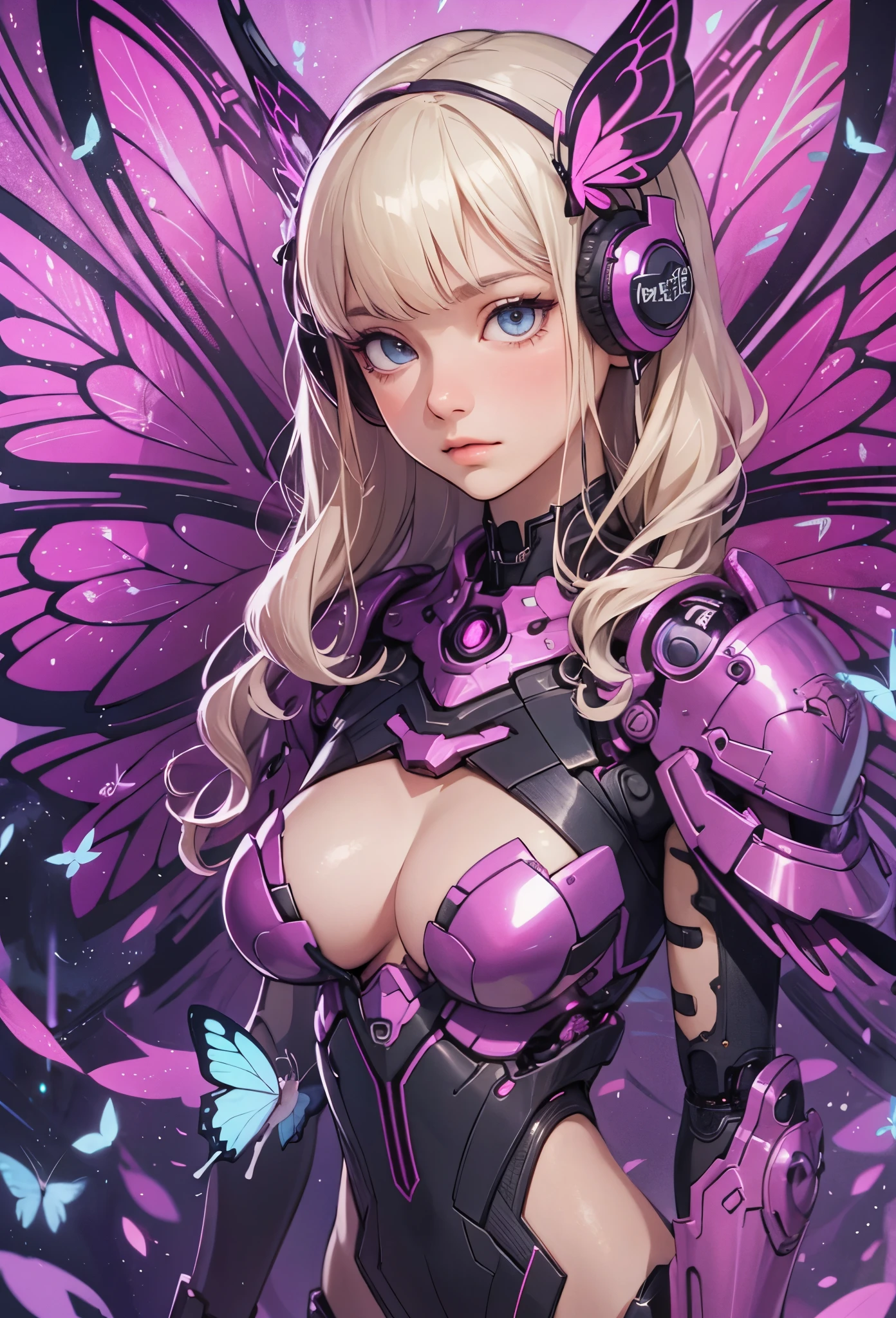 (Detailed illustrations,Very detailed and detailed drawing,Delicate lines with slow and rapid,Realistic texture expression),[Color tressed main line],[labo],[[HENTAI]] ANIME (CYBERGirl anime Beauty  Cyborg [Wavy Hair (platinum-blonde)]),([Butterfly wings] Magenta-pink Papillon cybernean armor [Aurora Armor] Fuselage only transparent material) Cyber Headset,(cybernetic),(Intricate and beautiful decoration [Dense detail]),(Fine and beautiful skin expression [Transparency]),[完璧な目のdetaileds (Iris beautifully drawn in every detail)[Jewel-like eyes]],[long and beautiful eyelashes],[Meticulously drawn hair [美しく艷やかな髪のdetaileds]],(完璧な手のdetaileds [Beautiful fingers without breakdowns [Beautiful nails]]),(Perfect Anatomy(Perfectly proportioned))[[Full body like]],[[Design built to the highest level]][Ideal color coordination(Accurate simulation of light-material interactions)],([Precision Detail](detaileds,high-detail)),[Visual art that conveys a sense of narrative].