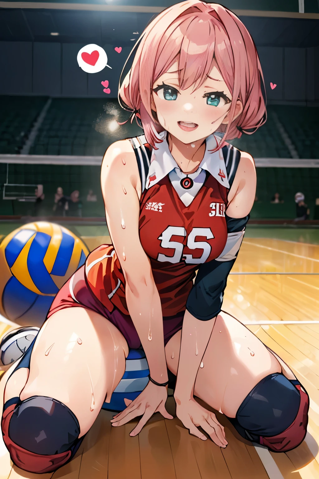 unity 8k wallpaper, anatomically correct, (((masterpiece))), (((best quality))), (((ultra detailed))), (((high-resolution))), ((super fine illustration)), ((Ultimate cutie)), perfect hands, perfect finger, (((good anatomy))), detailed beautiful face, shiny hair, (((gyaru))), (potbelly), (curvy), medium breasts, ((Thick thighs)), (((solo))), ((seductive smile)), (((blush))), (half open mouth),
BREAK, (((sit astride the perfectly spherical shape 6-inch volleyball))), (((Straddling a perfectly spherical 6" volleyball))), (((Perfectly spherical 6" volleyball fits perfectly crotch))), BREAK, (((Rub the Perfectly spherical 6" volleyball against crotch))),
BREAK, (Collared volleyball uniforms), sleeveless, ((buruma)), ((kneepad)), (elbow pad), (((sweat))), (((covered in sweat))), ((deep breathing)), in Volleyball Court, indoor, lighting, looking at viewer, full body, (spoken heart)