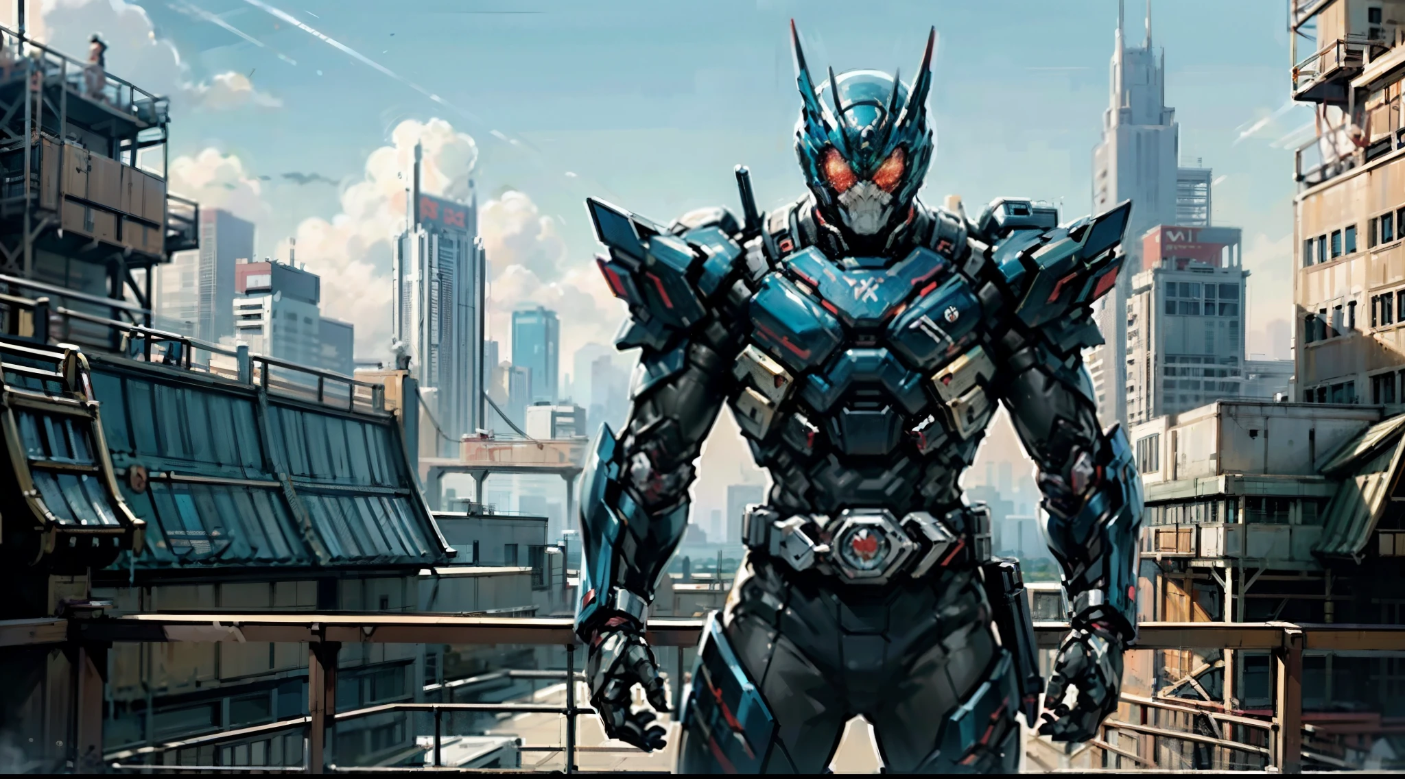 A superhero, a high-tech biotech battle suit, standing on a rooftop, looking over the city, Japanese tokusatsu and American comic style, biometallic texture of the suit, sleek and shiny, dynamic, metallic, sophisticated design, high definition, best quality, highres, ultra-detailed, ultra-fine painting, exquisite and mature, extremely delicate, professional, anatomically correct, creativity, UHD, HDR, 32k, Natural light, cinematic lighting, best shadow, masterpiece-anatomy-perfect, masterpiece