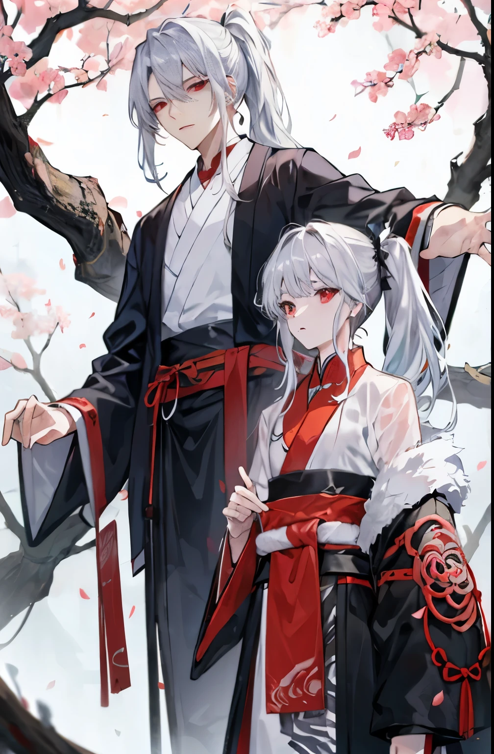 tmasterpiece，need，of a man，Chinese，Chinese Ancient Times，White hair，red eyes，The hair ends are forked，Long gray hair，With long bangs，high ponytails，Handsome，male people，gentlenesig eagle，A piece of tranquility，black toga，luring，tree branch，amaryllis， Young person，Stable expression，
