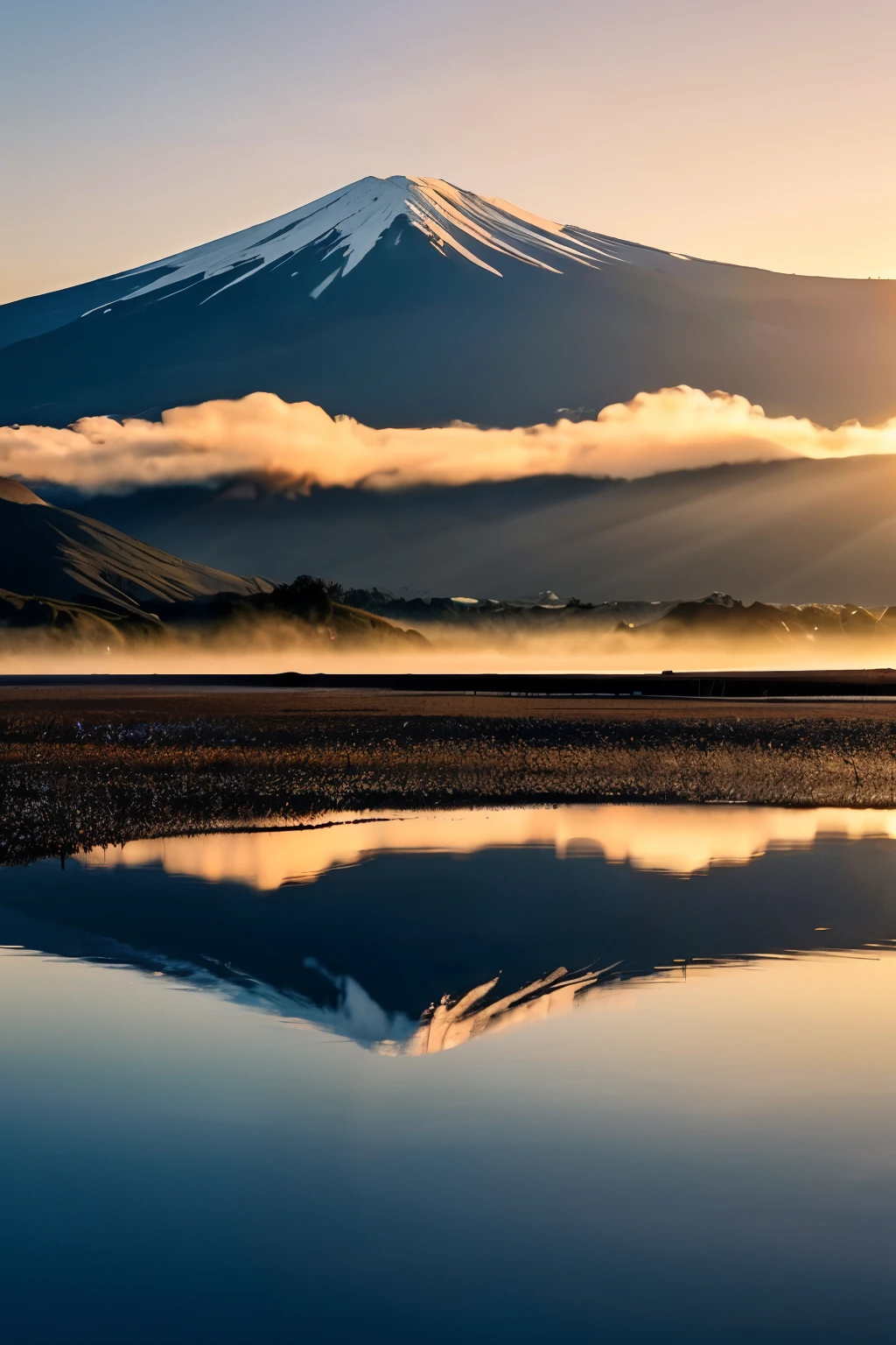 The morning sun rises from the summit of Mt. Fuji、A view of the lake spreading out in the foreground。The surface of the lake is calm、Mt. Fuji is reflected in the lake、Its appearance creates a quiet beauty.。Created with this photo　realisitic　Fantastical　Sunlight coming from the mountaintop