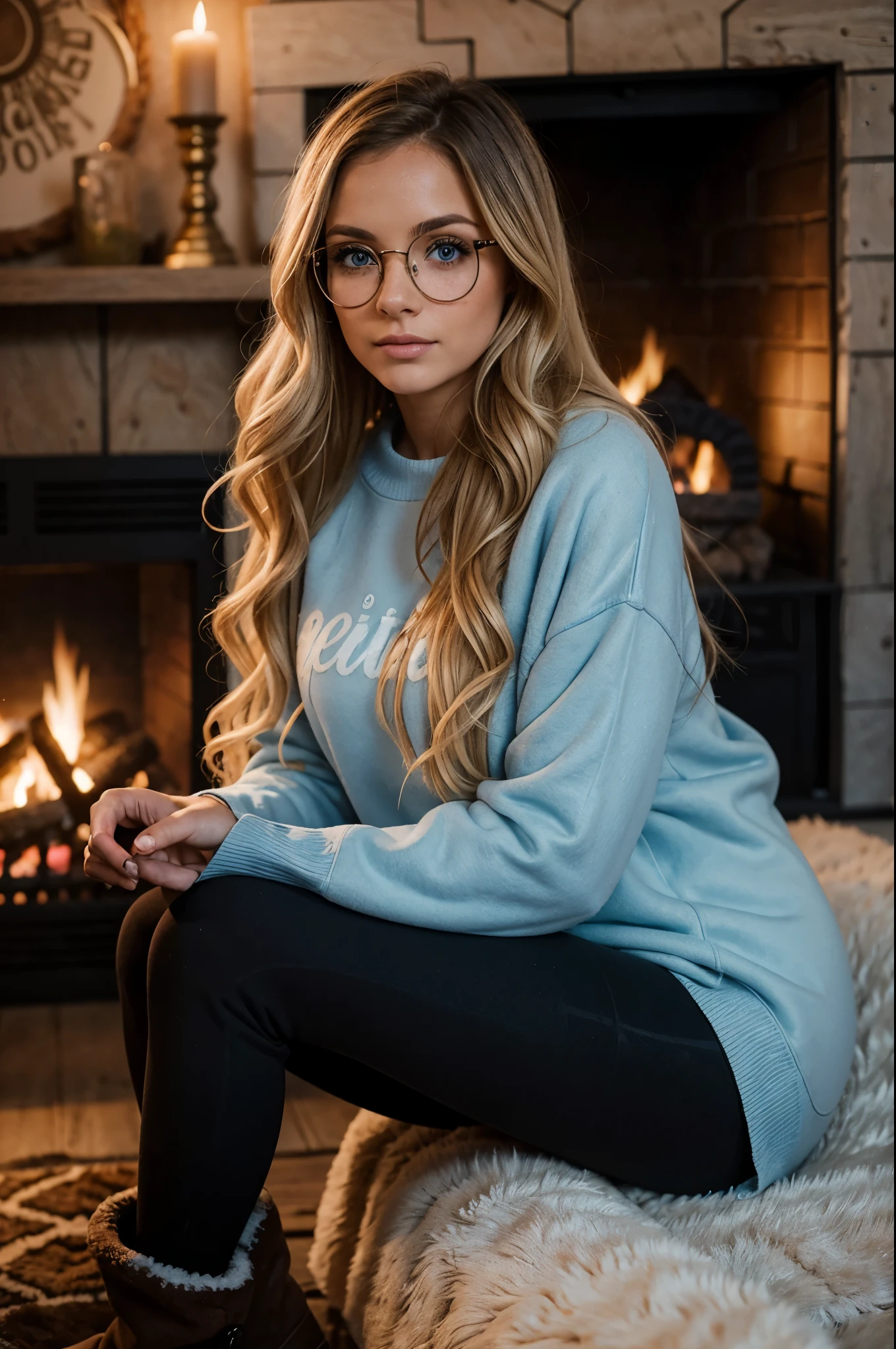 1woman, ombré blonde balayage hair, beautiful blue eyes, freckled face, beautifully detailed face, circle glasses, sweatshirt, seamless black leggings, fuzzy faux fur ugg boots, log cabin by fire place background, full body portrait.