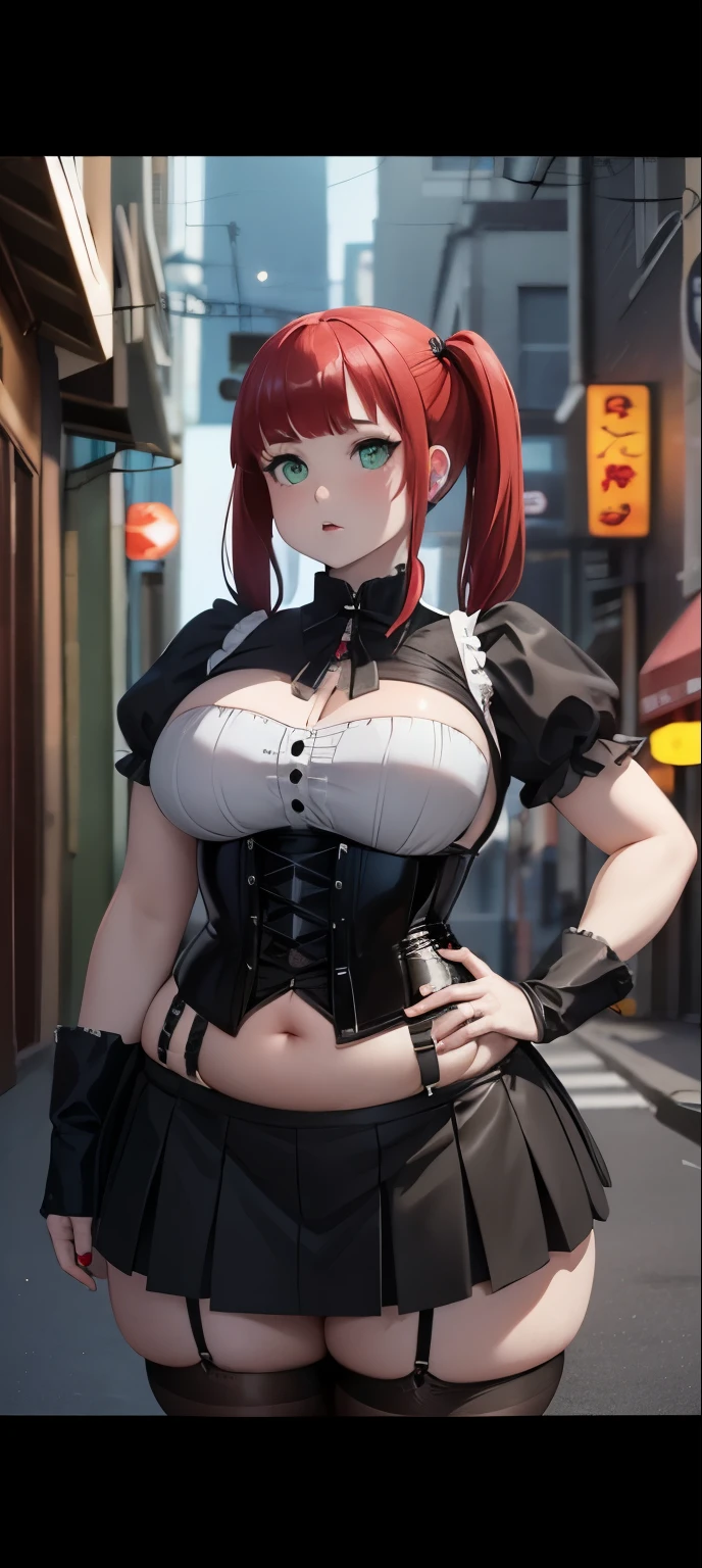 American girl, goth, chubby, green eyes, pale skin, red hair, bangs, pigtails, black corset, black mini skirt, big breasts, saggy breasts, voluminous breasts, thick body, thick legs, fat thighs, disproportionate thighs, seoul alley, night, cinematic lighting