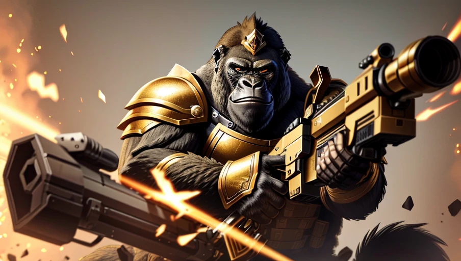 Xiaofei tem uma arma no bolso, 《Overwatch》Winston, o macaco, Wojtekfors, Pessoa, overwatchWinston, Kogor is in《god of thunder》Jogando um soldado em, Doomsday Iron Fist, Armadura obsidiana de ouro pesado, sagui render, arte oficial splash, parecendo orgulhoso, surreal, arte conceitual como Ernest Halimov, like Pessoa, grumpy Pessoa