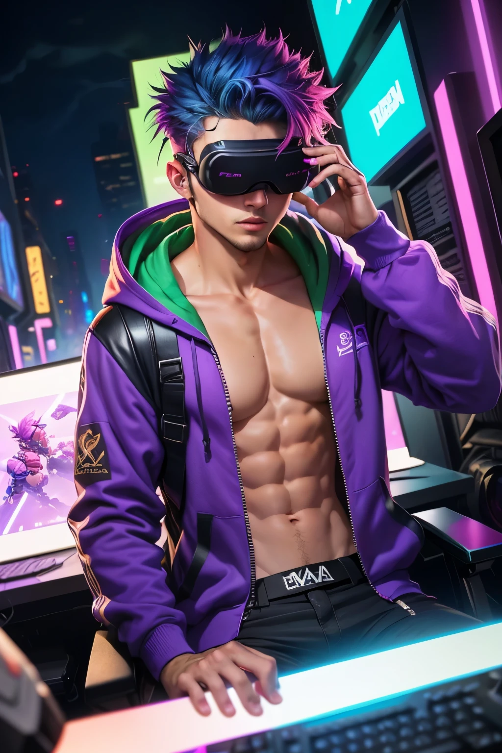 foreground: A male Instagram model posing playing virtual reality games, Middle ground: amazing hoodie with purple yellow color, stylish green hair, Backstory: fluorescent graffiti of gaming elements, META gaming logos and gaming characters, gamingcore , Neon colors, Side lighting --AR 2:3 --s 150 --Photography