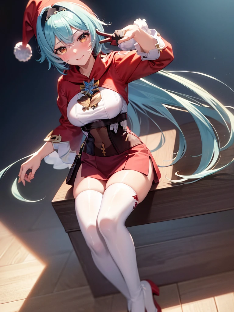 ((masutepiece, Best Quality, hight resolution, Perfect Pixel, 4K)), multiple girls, 2girls, full body seen, ((Beautiful eyelashes, Realistic eyes)), ((Detailed face, Blushing:1.2)), ((Smooth texture:0.75, Realistic texture:0.65, Photorealistic:1.1, Anime CG style)), Dynamic Angle, Perfect body, ((Santa Claus Costume, Red knitted hat, red and white off shoulder sweater, red and white flared skirt, Black garter stockings, Shy smile)), Classrooms without people, Sit on a desk, I took my foot off the desk, ((Angle looking up from below)), Very embarrassing panic smile, Lift your chest with your hands, Open both legs, Open your knees wide, sexy white floral lace panties, BREAK euladef, short hair, BREAK amber5star,