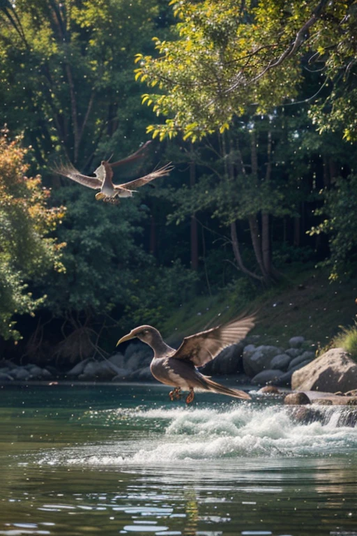 Create an image of high quality and advanced details depicting a cinematic scene involving birds in nature. The scene should capture the majesty of birds in flight, showcasing their vibrant colors and graceful movements. Incorporate natural elements such as trees, sky, and water to craft a visually stunning composition. Employ artificial intelligence techniques to enhance the image's quality, ensuring a realistic yet stylized representation that evokes a unique and captivating atmosphere