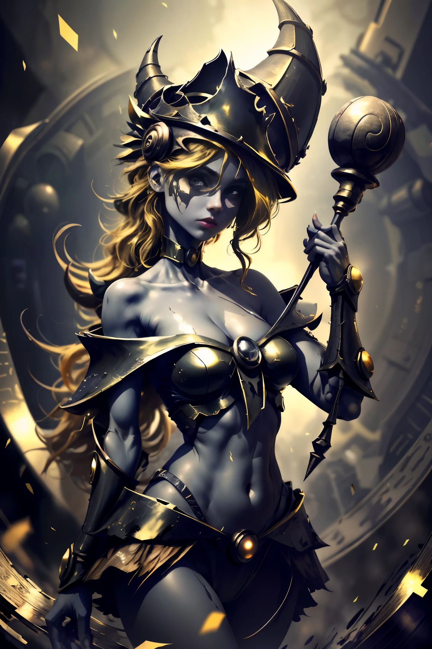 (8k,fotorrealista　Raw photography　highest qualityr;1.4) 　(1chica en)　super beauty　(cara realista)　cuerpo femenino 　(Rubia de rizos largos)　Hold a black and red magic wand　Escena de combate　Magic hat with black and gold exterior　Beautiful expression　Deslumbramiento　(Piel de aspecto real)　(Giles magos oscuros)　Tentador　超A high resolution　Un hiperrealista　Alto detalle　foto de cuerpo completo　restos