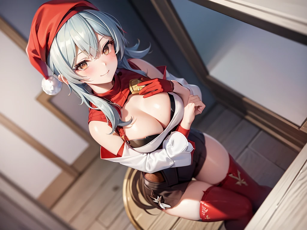 ((masutepiece, Best Quality, hight resolution, Perfect Pixel, 4K)), multiple girls, 2girls, full body seen, ((Beautiful eyelashes, Realistic eyes)), ((Detailed face, Blushing:1.2)), ((Smooth texture:0.75, Realistic texture:0.65, Photorealistic:1.1, Anime CG style)), Dynamic Angle, Perfect body, ((Santa Claus Costume, Red knitted hat, red and white off shoulder sweater, red and white flared skirt, Black garter stockings, Shy smile)), Classrooms without people, Sit on a desk, I took my foot off the desk, ((Angle looking up from below)), Very embarrassing panic smile, Lift your chest with your hands, Open both legs, Open your knees wide, sexy white floral lace panties, BREAK euladef, short hair, BREAK amber5star,