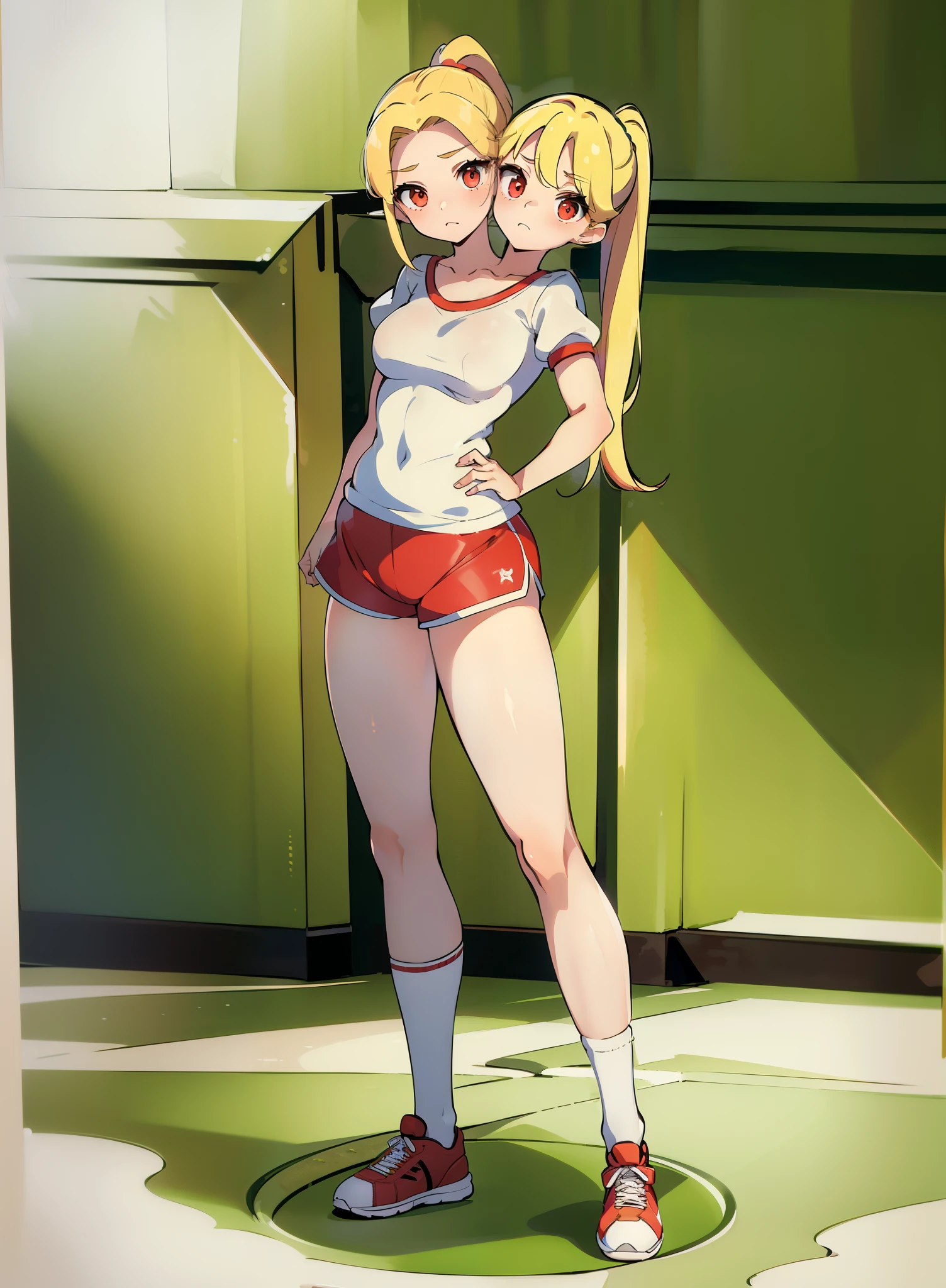 best quality, (masterpiece),(ultra-detailed), (high quality), (high resolution), (2heads:1.5), shoes with long socks, white shirt with red stripes, ponytail, blonde hair, ahoge ((petite figure)), standing up, full body, short boy, action pose, dynamic pose, gym shorts, ((boy)), masculine