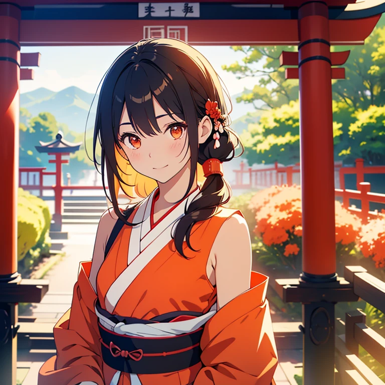 Please draw a beautiful anime-style young female character.. With deep orange eyes、Features smooth black hair that reaches to the shoulders. Hair is styled half up, Tie the top with a small red ribbon. He has a kind expression and a warm smile.. Make your eyes and expression cool. Dressed in traditional Japanese uniforms based on red and white. Small breasts. In the background、Must include a soft blurred Japanese landscape with a torii gate, Visualize a bright daytime scene.
information