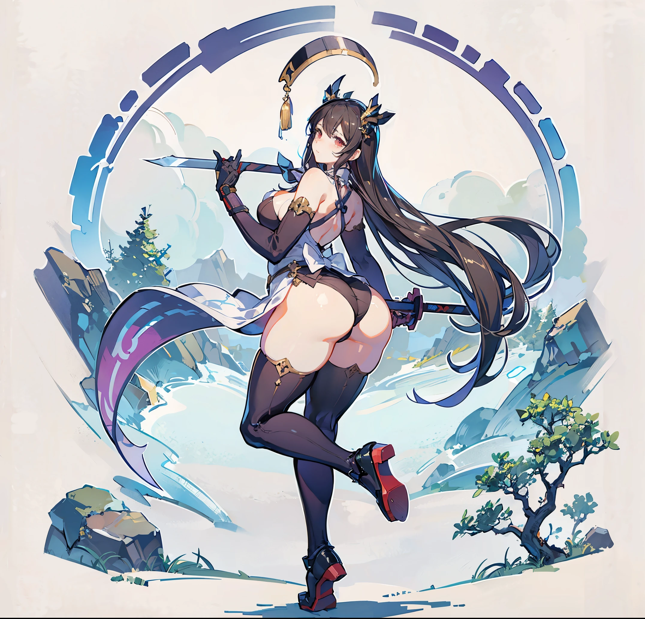 masterpiece、Colossal tits、Curve,Beautiful black hair long girl,Full body、(((BIG ASS)))、holding an cane、whore.anime girl with a sword and a dress on, Ayaka Genshin Impact, biomechanical oppai, (SFW) safe for work, shalltear from overlord, Chic, breasts covered and SFW, black - haired mage, oppai, albedo from overlord, lit from behind, anime maid nazi ss military, hestia