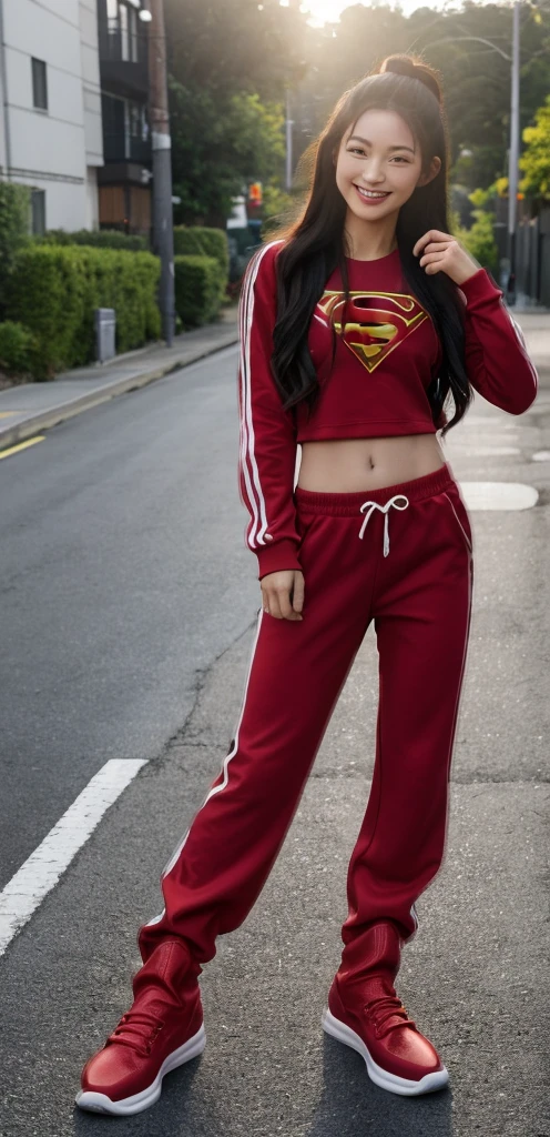 1 female,独奏、Women around 39 years old、upright immovable、tracksuit and tracksuit long pants、a picture、逼真、top-quality、A detailed face、Hires,diffuse sunlight、depth of fields、Full-body angle of view、absurderes、a smile, a pictureを撮る姿勢,Incomplete transformation、Transform only the lower body、Chimera、The lower body of a Japanese woman wearing a tracksuit transforms into Supergirl、(Athletic shoes smoothly transform into red long boots:1.2)、