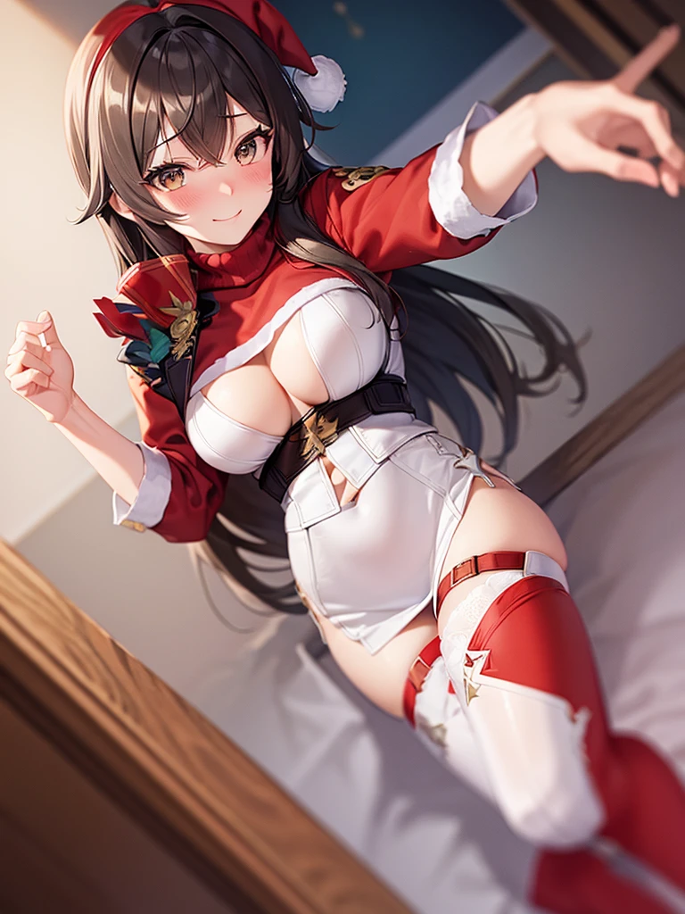 ((masutepiece, Best Quality, hight resolution, Perfect Pixel, 4K)), multiple girls, 2girls, full body seen, ((Beautiful eyelashes, Realistic eyes)), ((Detailed face, Blushing:1.2)), ((Smooth texture:0.75, Realistic texture:0.65, Photorealistic:1.1, Anime CG style)), Dynamic Angle, Perfect body, ((Santa Claus Costume, Red knitted hat, red and white off shoulder sweater, red and white flared skirt, Black garter stockings, Shy smile)), Classrooms without people, Sit on a desk, I took my foot off the desk, ((Angle looking up from below)), Very embarrassing panic smile, Lift your chest with your hands, Open both legs, Open your knees wide, sexy white floral lace panties, BREAK euladef, short hair, BREAK amber5star,