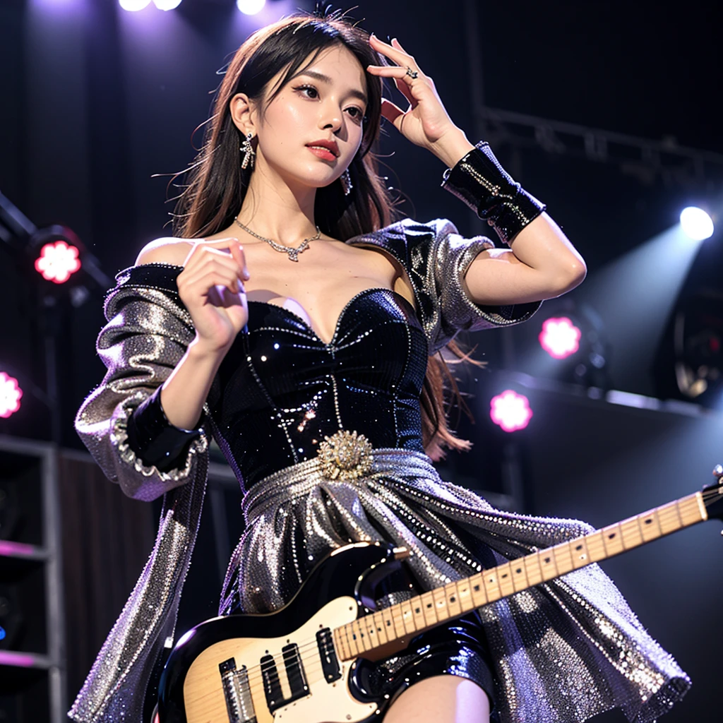 a beautiful girl in a stunning dress playing guitar on stage, gorgeous long hair, dramatic lighting, highly detailed, hyperrealistic, 8k, photorealistic, professional photography, vibrant colors, dramatic shadows, glamorous makeup, intricate guitar design, elegant stage design, crowd cheering in background, dynamic pose, cinematic lighting, award-winning photograph