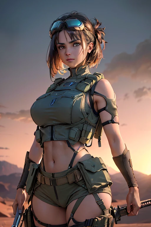 (1girl), ((desert combat outfit, holding weapon, tactical goggles, bullet vest, Fully clothed:1.4)), ((big Breasts, rounded breasts:1.3)), ((accentuated breast, large pelvic, wide hip, midriff, narrow waist, curvy waist:1.2)), ((slim, skinny waist, slender, skinny stomach:1.2)), modern hairstyle, colour streaked hair, hair highlights, ((smug face)), ((tattoo:1.1)),
masterpiece, best quality, realistic, ultra highres, depth of field, (full dual colour neon lighting:1.2), (detailed face:1.2), (detailed eyes:1.2), (detailed background:1.2), (desert, action sequences, cinematic lighting, desert storm:1.2) (masterpiece:1.2), (ultra detailed), (best quality), intricate, comprehensive cinematic, magical photography, (gradients), colorful, detailed landscape, visual key, shiny skin,