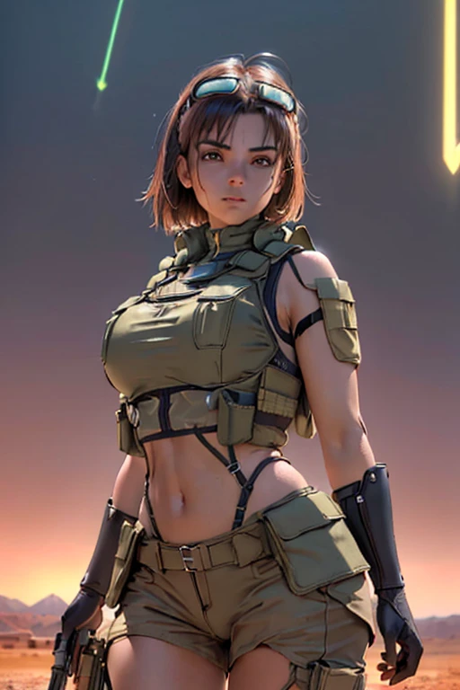 (1girl), ((desert combat outfit, holding weapon, tactical goggles, bullet vest, Fully clothed:1.4)), ((big Breasts, rounded breasts:1.3)), ((accentuated breast, large pelvic, wide hip, midriff, narrow waist, curvy waist:1.2)), ((slim, skinny waist, slender, skinny stomach:1.2)), modern hairstyle, colour streaked hair, hair highlights, ((smug face)), ((tattoo:1.1)),
masterpiece, best quality, realistic, ultra highres, depth of field, (full dual colour neon lighting:1.2), (detailed face:1.2), (detailed eyes:1.2), (detailed background:1.2), (desert, action sequences, cinematic lighting, desert storm:1.2) (masterpiece:1.2), (ultra detailed), (best quality), intricate, comprehensive cinematic, magical photography, (gradients), colorful, detailed landscape, visual key, shiny skin,