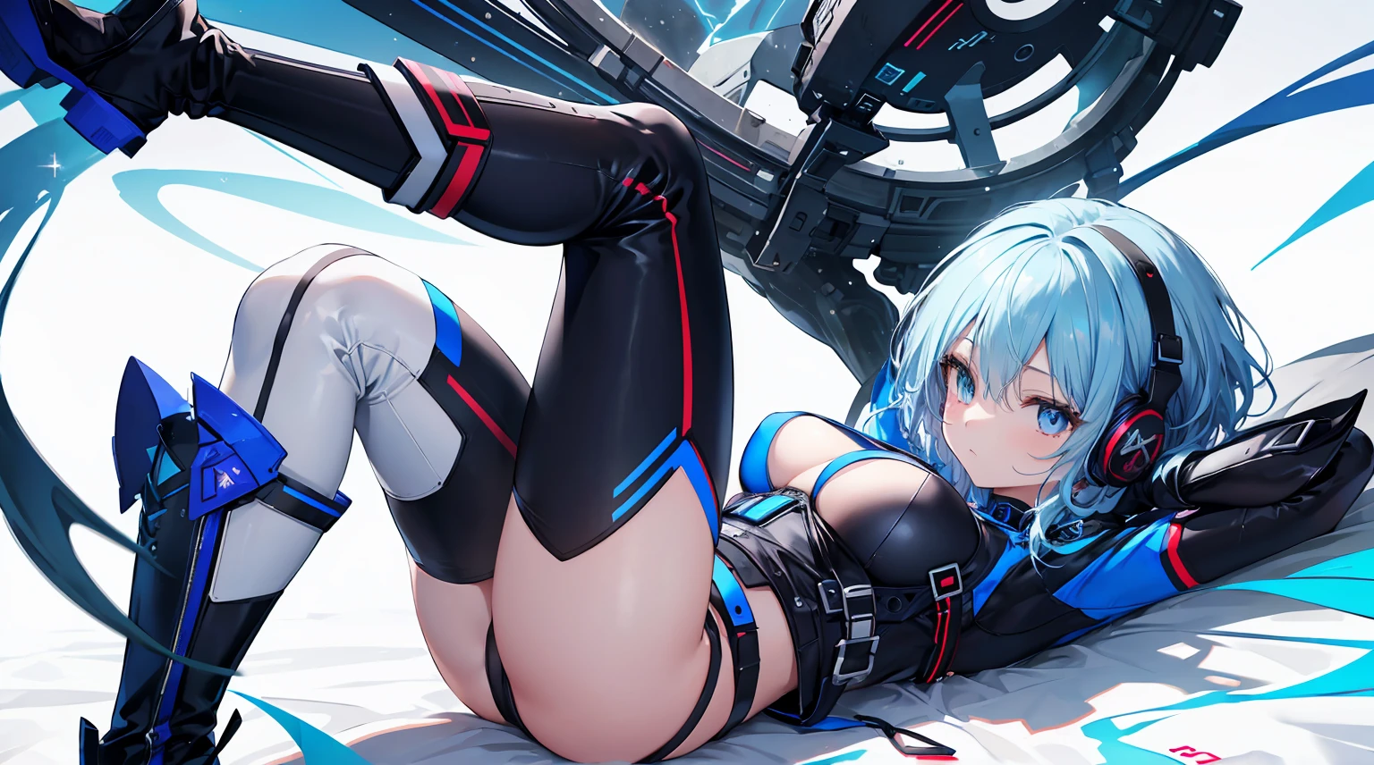 (tmasterpiece, Best quality at best, Highest high resolution, distinct_Image of a, detailed detail): (Alone, lone girl, japonese face, Blue-haired girl, short detailed hair, Whole body diagram, Small size, sparkly blue color eyes, White and blue metallic aviator suit, black in color, tight fit clothes, clothes covering the whole body, big breasts beautiful, slim, exoskeleton, kneehigh boots, heroines, lay on back, Open the thighs from one side to the other, long arm gloves, Earphone)