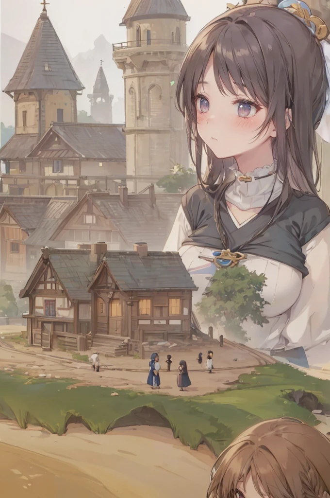 (tiny villages from sky view:1.5), (hills:1.3), cliffs, (from sky view: 1.3), mountains, simple background, (3girls:1.8), (height_difference:1.8), (size_difference:1.5), (a giantess girl walking together: 1.2), (giantess:1.5), (foreshortening: 1.1), (adult woman: 1.4), (commoner clothes), , (girl on a cliff rear view: 1.3), (rear view: 1.3), professionally drawn, (huge breasts), (cleavage sweat), (anime drawing:1.1), (simple bold lines: 1.1), (anime:1.1), (very cute anime girl), (bright), (low contrast), (prettiest teenage girl), (mature face: 1.4), (tall girl with big breasts: 1.2), (village crowds: 1.6), (all fours: 1.1)