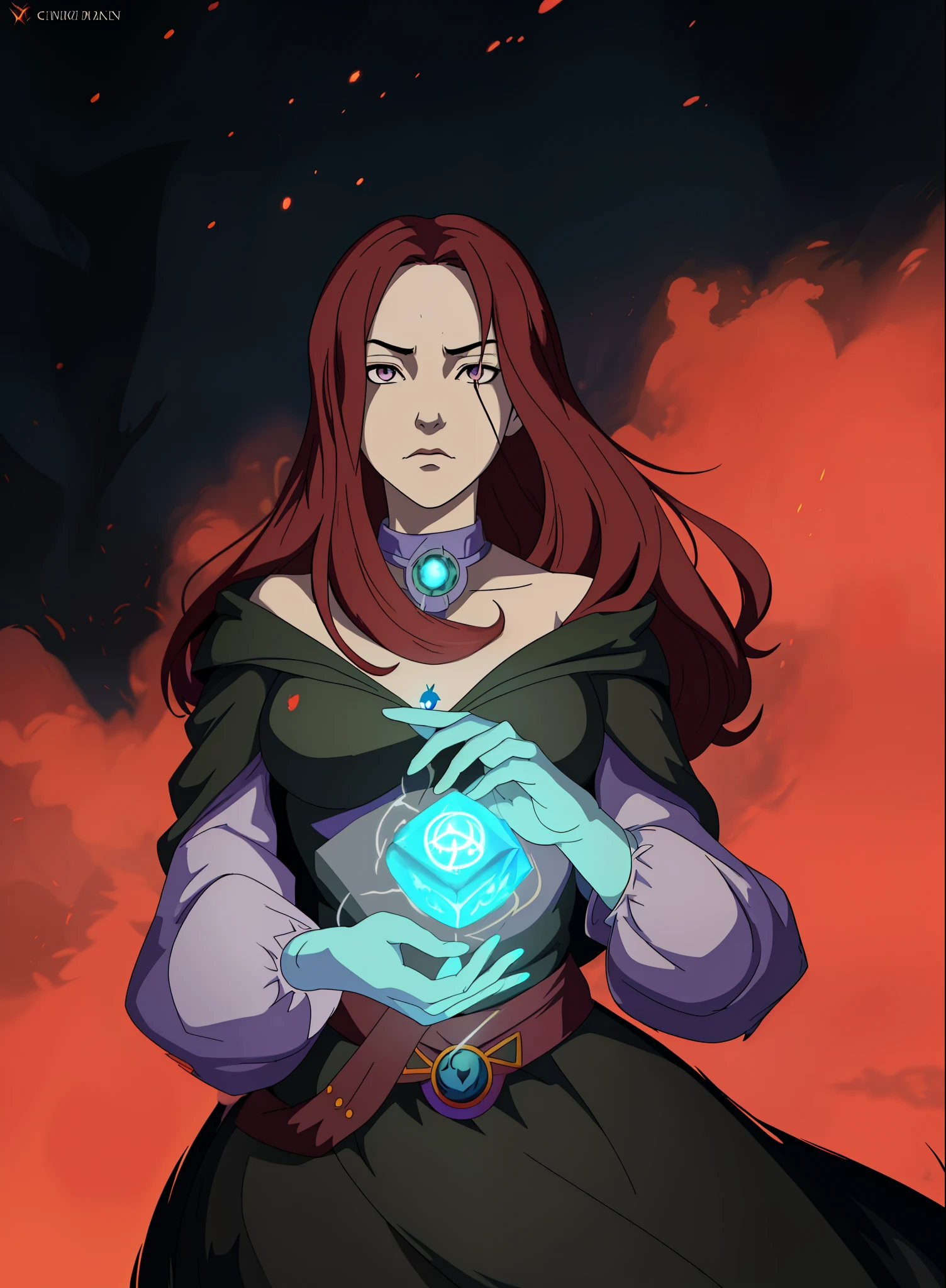 anime girl with a glowing cube in her hands, painted in the style arcane, human :: sorceress, demon slayer rui fanart, female mage conjuring a spell, l critical role, /!\ the sorceress, portrait of a female mage, holy fire spell art, dnd fantsay art, commission for high res, marin kitagawa fanart