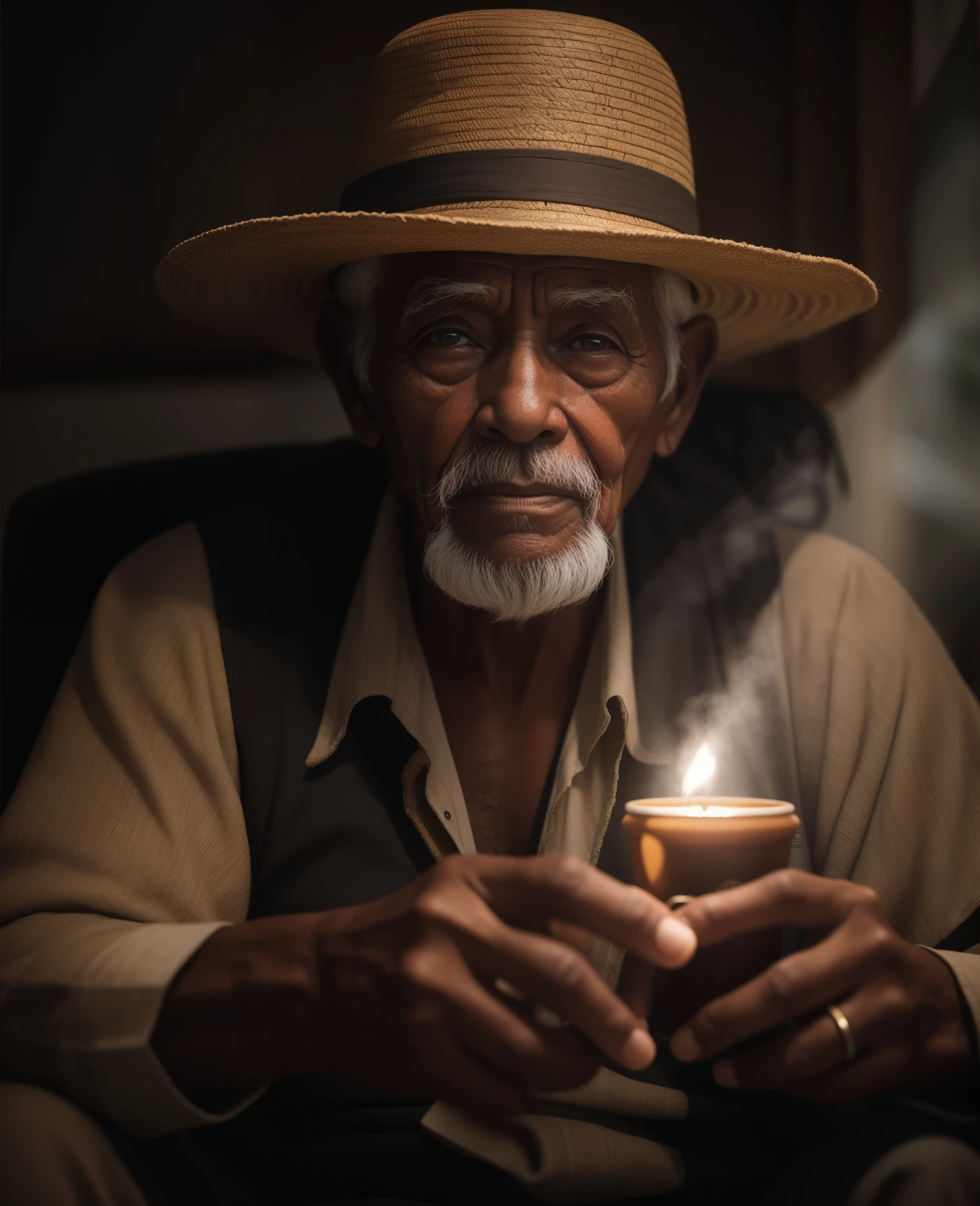 Num cantinho da varanda de madeira desgastada, sentava-se um preto velho de cerca de 90 anos, wearing a straw hat on his head that had already witnessed decades of relentless sunshine. Seus olhos, deep and wise, They carried an ancestral sadness and a weariness built up over a lifetime full of stories. Sua pele, wrinkled like the tranquil waters of an ancient river, contou as narrativas das temporadas que passaram.
Colares de sementes coloridas, carefully interwoven, They adorned his neck like vivid memories of times past. Each seed seemed to have a story of its own, A chapter of experiences and connections with the world around you. Ao lado da mesa de madeira desgastada, A cup of steaming tea rested, emanating a comforting aroma that mixed the smell of the earth and the memories.
fotografiarrealista, fotografia, obra-prima, realista, Realismo, renderizado, Alto contraste, digital art photographyrealistic trend in Artstation 8k HD high definition detailed realistic, detalhado, textura da pele, hiper detalhado, textura de pele realista, armadura, melhor qualidade, ultra high-resolution, (fotografiarrealista: 1.4), alta resolução, detalhado, Calado bruto, sharp re, por lee jeffries Nikon D850 Filme Fotografia de Stock 4 Kodak Portra 400 Lente F1.6 Rich Colors Realistic Texture Dramatic Texture Dramatic Lighting Irrealengine Trend on Artstation Cinestill 800