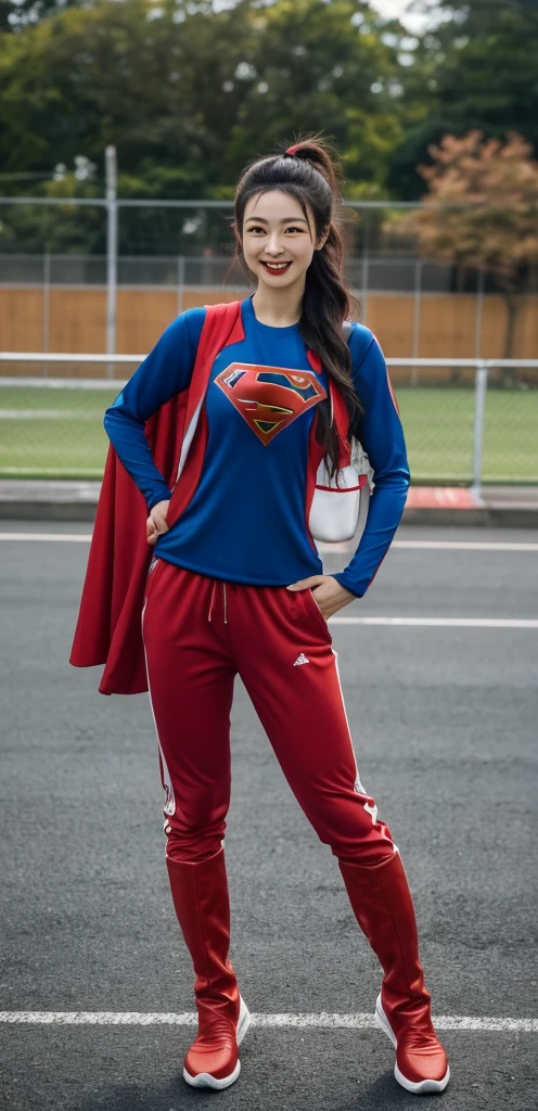 1 female,独奏、Women around 39 years old、upright immovable、tracksuit and tracksuit long pants、a picture、逼真、top-quality、A detailed face、Hires,diffuse sunlight、depth of fields、Full-body angle of view、absurderes、a smile, a pictureを撮る姿勢,Incomplete transformation、Transform only the lower body、The lower body of a Japanese woman wearing a tracksuit transforms into Supergirl、(Athletic shoes smoothly transform into red long boots:1.2)、