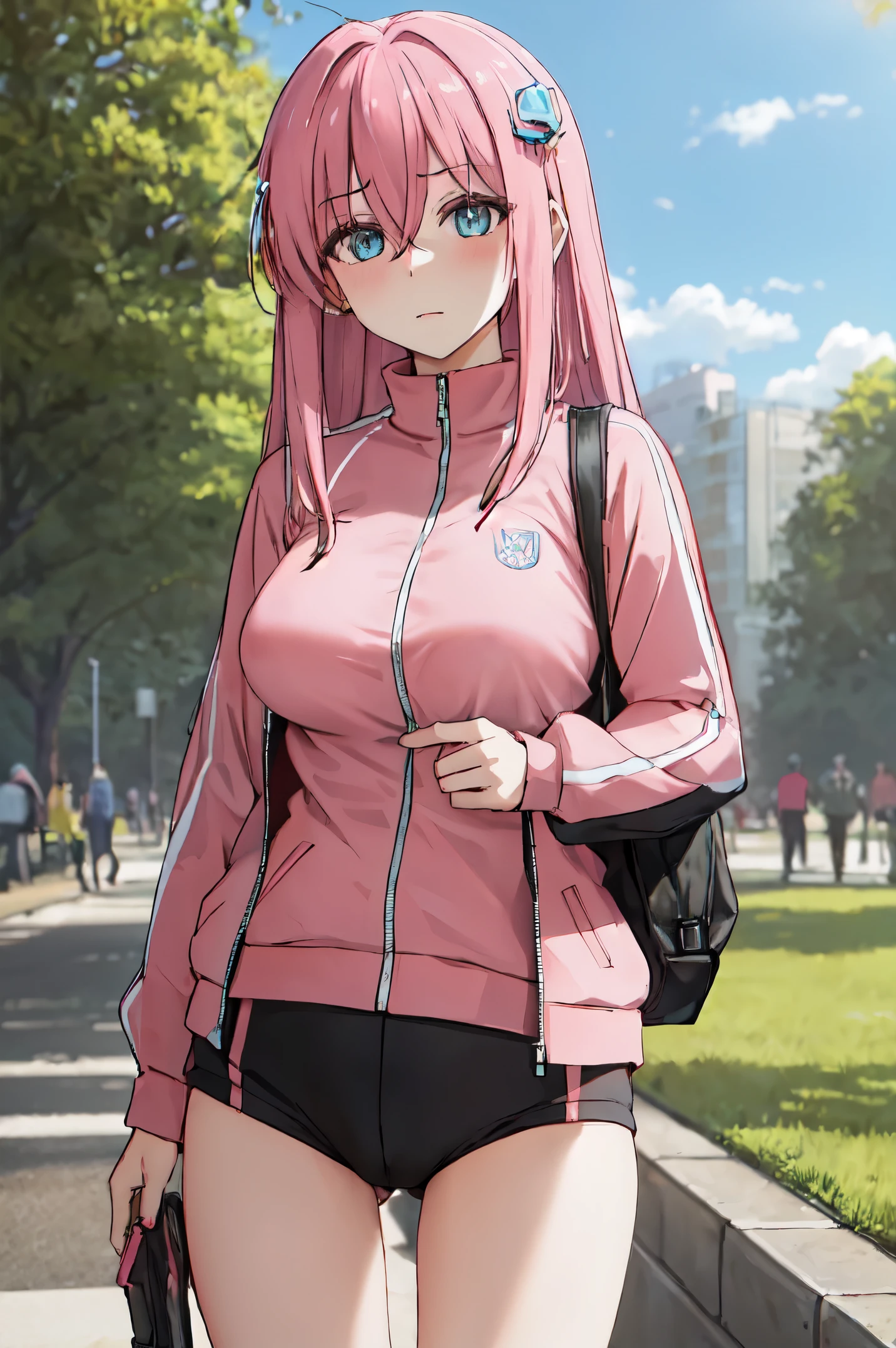 best quality, masterpiece, highres, solo, {goto_hitori_bocchitherock:1.15}, pink_hair, bangs, long_hair, hair_between_eyes, cube_hair_ornament, one_side_up, hair_ornament, blue_eyes, 1girl,  big boobs, jacket, pink_jacket, track_jacket, empty_eyes, shaded_face, in the park