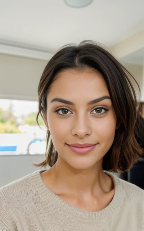 Beautiful brunette in light beige sweater (Nail care in a modern beauty salon), muy detallado, 21-year-old, Cara inocente, cabello ondulado natural, ojos azules, High resolution, Obra maestra, La mejor calidad, Detalles intrincados, Altamente detallado, foco nítido, Piel detallada, realista skin textura, textura, ojos detallados, profesional, 4k, sonrisa encantadora, tomada con Canon, 85mm, poca profundidad de campo, Kodak Vision Color, Cuerpo de ajuste perfecto, extremadamente detallado, Cinematographer_\(ultra\), photorealista, realista, Post-procesamiento, Maximum detail, aspereza, vida real, ultra realista, Fotorrealismo, Cinematographer, 8k UHD, Cinematographer