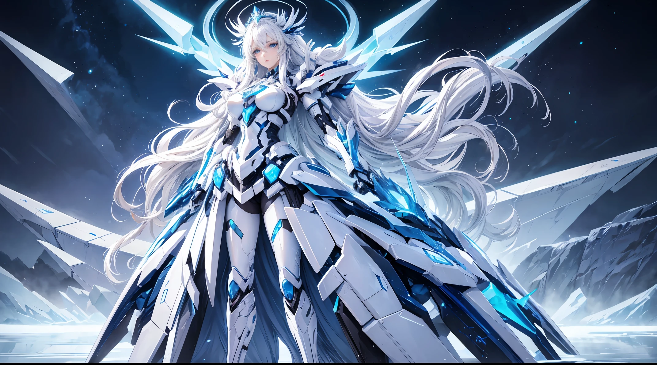 Ice queen, mecha, long wavy white hair, tall, beautiful face, piercing blue eyes, beautiful, extremely detailed, high quality, full body, front view, full view, 4K, 8K, HDR, RAW