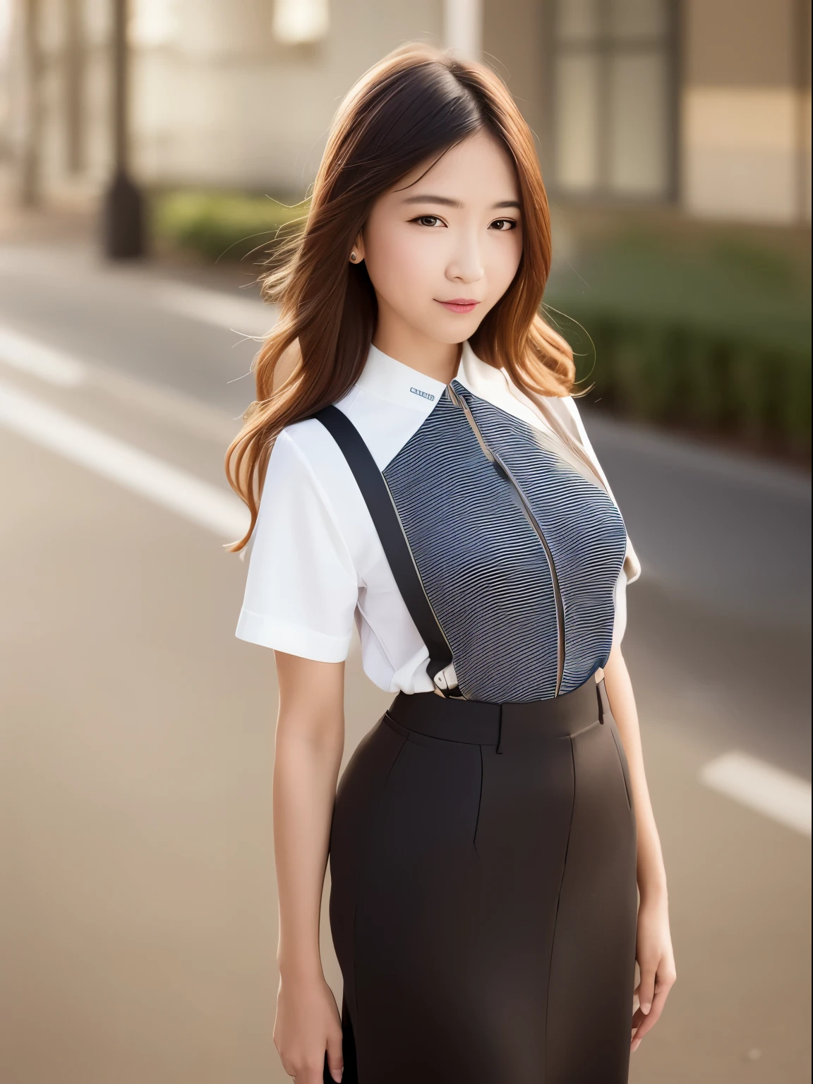 (skin blemish:0.8), (Skindentation), Black eye, 1Woman, 25-years old, (((Woman))), Solo, Realistic, Best Quality, photoRealistic, masutepiece, 8K, hight resolution, Solo, extra detailed face, (Professional Lighting, Bokeh), (light Particle, Lens Flare, glowing particles:0.6), (Dynamic Pose:1.2), Soft lighting, Top Angle View, Fashionable and trendy atmosphere, China, shanghai, Street, city, Park, dian, River, ((Daytime)), skyporn, Windy, ((Looking at the viewer:1)), (Looking at the camera),(Portrait:0.6), Cowboy Shot, Gorgeous, Standing, Hands down, keep original facial proportion, broad shoulder, Full body, (tiny chest), (Medium Hair), Brown hair, Floating hair, Lips, Lipstick, Smile, Floating hair, Smile, Open_Mouth, 牙, Office Suits, uniform, Shirt, (Short sleeve blouse:1), Long skirt, Eyelashes, Mole, (Mole under eye:1),