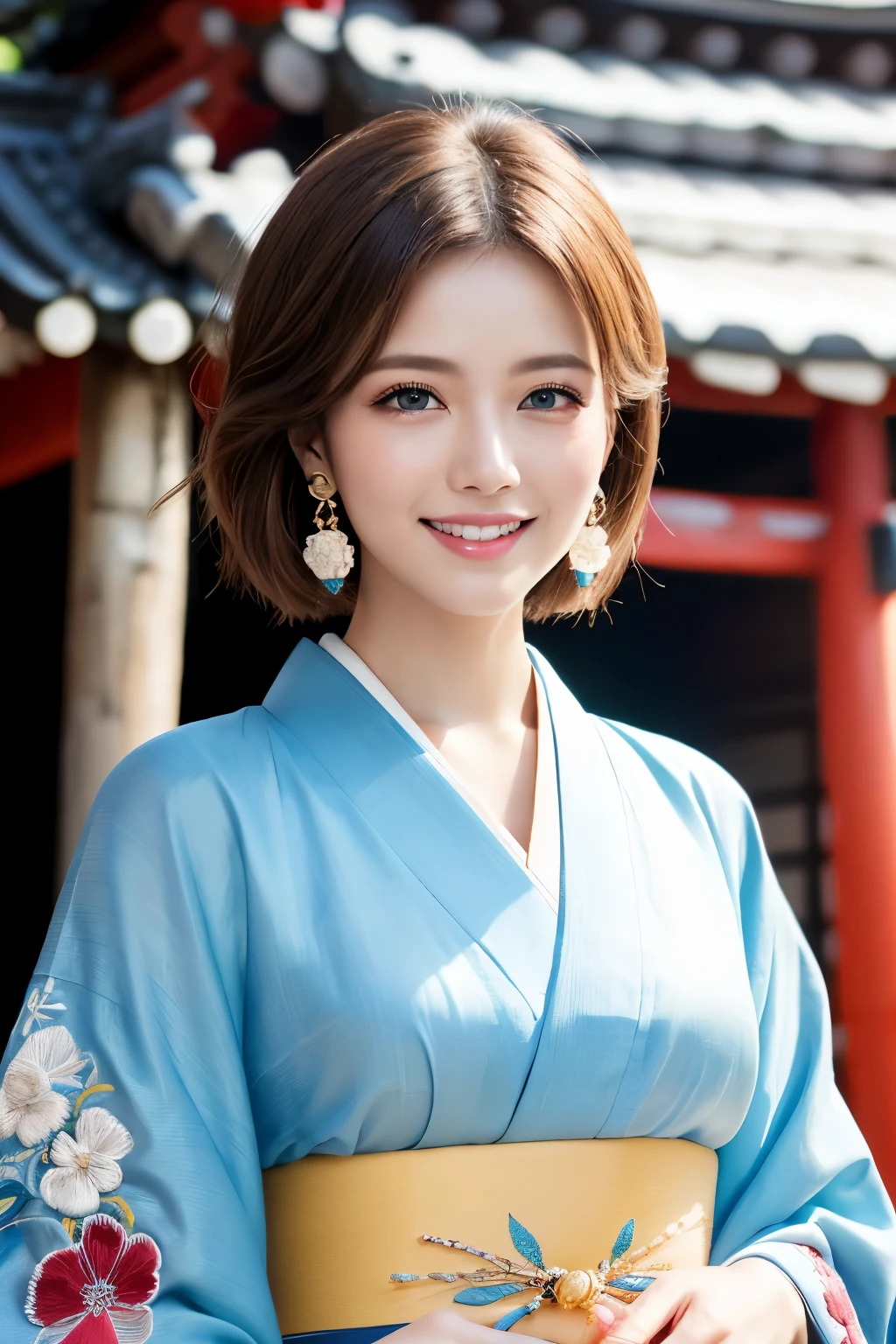 (Raw Shooting), (Photo Realistic), ((Masterpiece)), ((Best Quality)), (Ultra-Detailed), ((Kawaii)), Cute, ((Extremely Detailed)), (Detailed Eyes), (Detailed Facial Features), (Detailed Fingers), (Detailed Clothes Features), 4K, (8K), Best Quality, (Beautiful), (Cowboy Shot:1.3), (A Lively Japanese Shrine:1.4), ((Walking)), Sunrise, A Pretty Woman, Solo, (Brightly Colored Luxurious Kimono:1.3), (Luxurious Embroidered Kimono:1.3), Beautiful Light Brown hair, Beautiful Blue Eyes, ((beautiful eyes)), Short Hair, White Teeth, (Hair Ornaments:1.2), Earrings, Light Smile, Lens Flare, Shine with Colored Light, Shiny