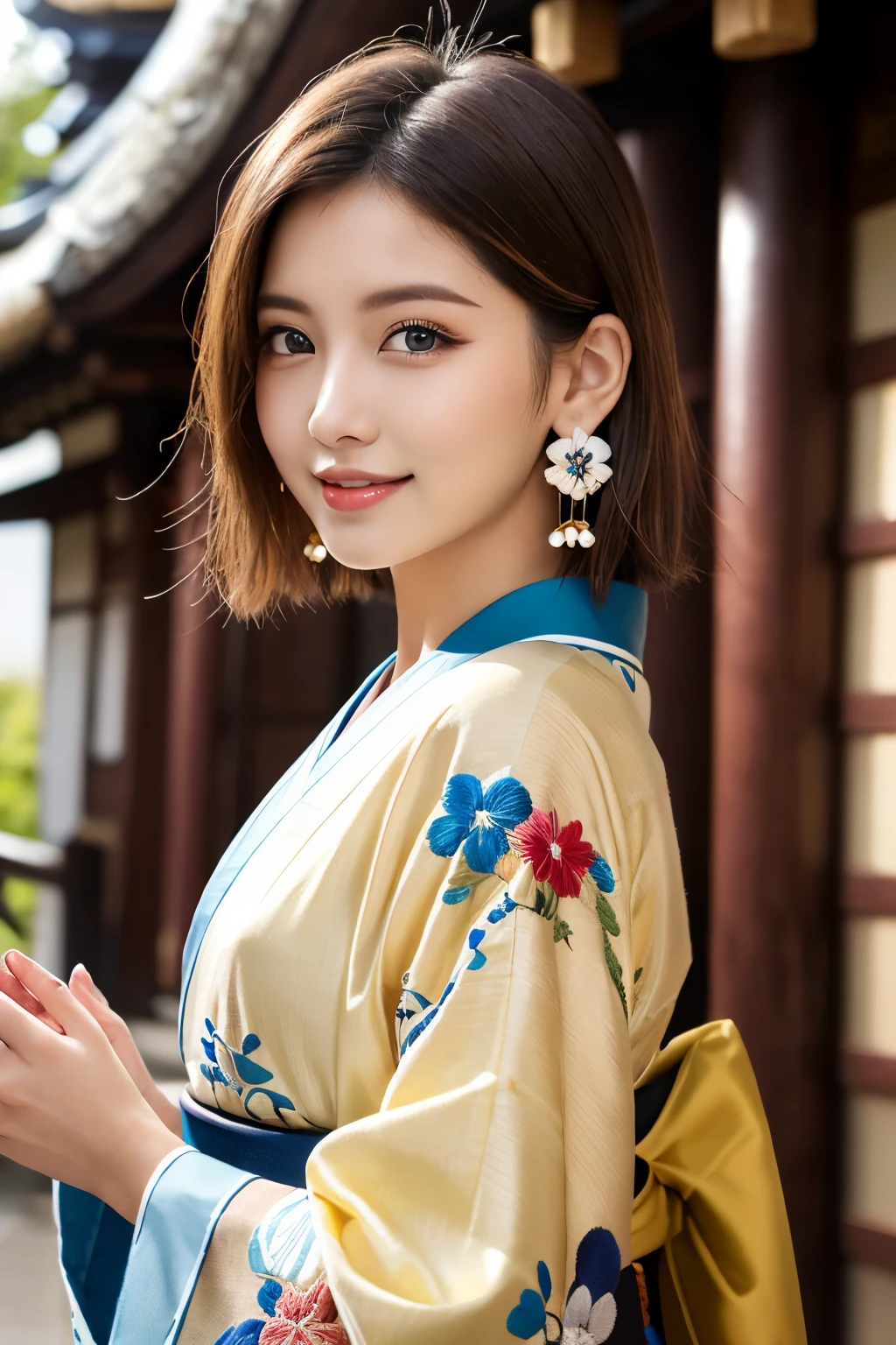 (Raw Shooting), (Photo Realistic), ((Masterpiece)), ((Best Quality)), (Ultra-Detailed), ((Kawaii)), Cute, ((Extremely Detailed)), (Detailed Eyes), (Detailed Facial Features), (Detailed Fingers), (Detailed Clothes Features), 4K, (8K), Best Quality, (Beautiful), (Cowboy Shot:1.3), (A Lively Japanese Shrine:1.4), ((Walking)), Sunrise, A Pretty Woman, Solo, (Brightly Colored Luxurious Kimono:1.3), (Luxurious Embroidered Kimono:1.3), Beautiful Light Brown hair, Beautiful Blue Eyes, ((beautiful eyes)), Short Hair, White Teeth, (Hair Ornaments:1.2), Earrings, Light Smile, Lens Flare, Shine with Colored Light, Shiny