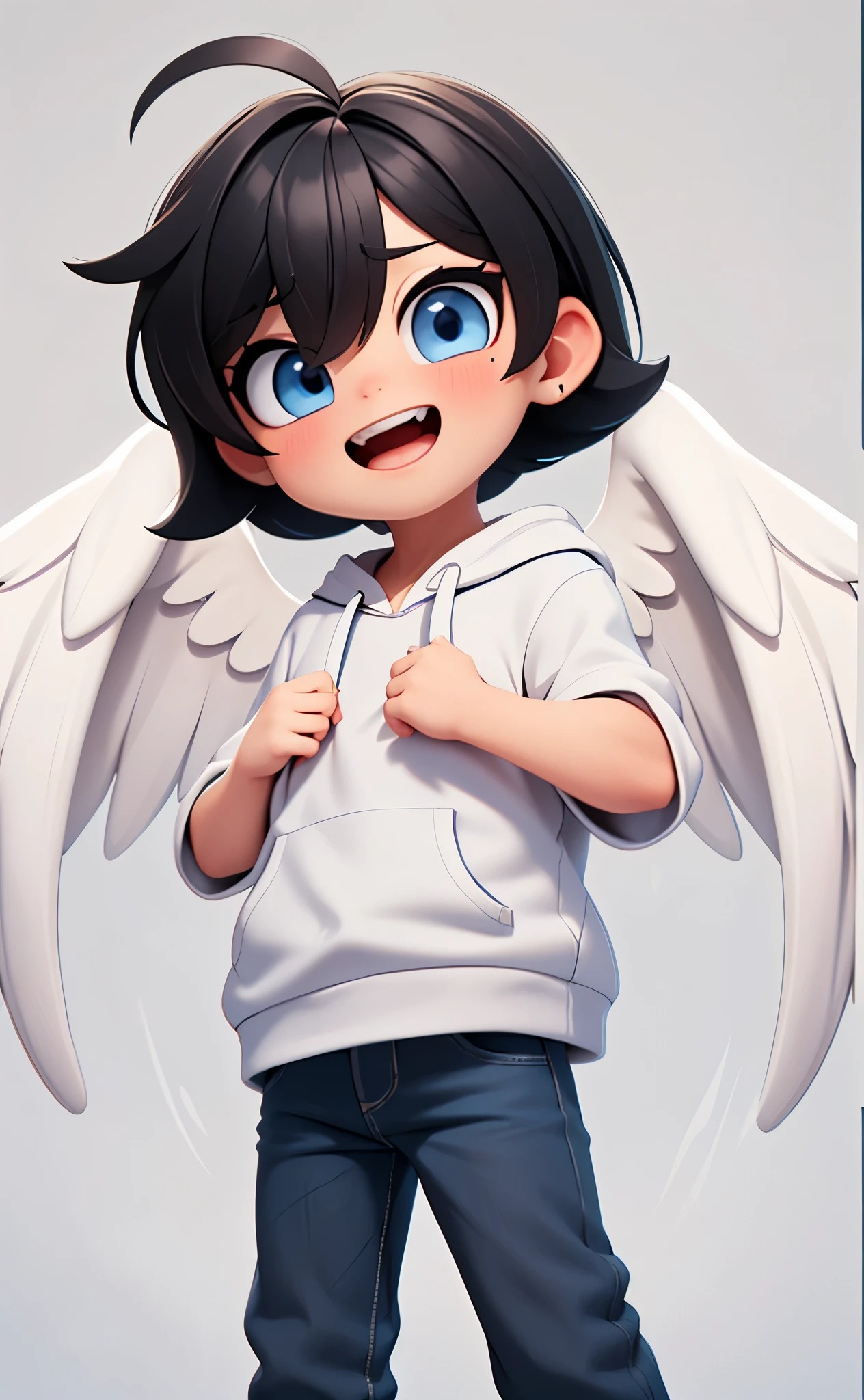top-quality, 8K, ultra-detailliert, Pixar, (1 male:1.5), Angelic appearance, (Short-haired black hair:1.5), Eyes are blue, Yancha Face, (With keen eyes:1.5), (Bad eyes:1.5), Laughing with open mouth, Bad character, (White hoodie:1.5), (jeans:1.3), (Angel wings grow:1.3), 独奏, Bangs, (male people:1.3), Upper body, free pose, (white backgrounid:1.3)